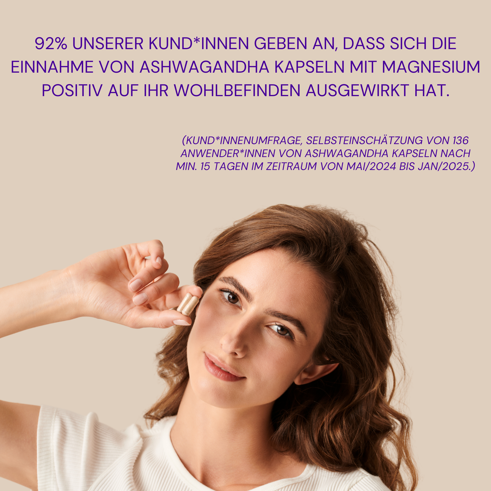 A woman holds a capsule surrounded by text about the benefits of ashwagandha capsules with magnesium.