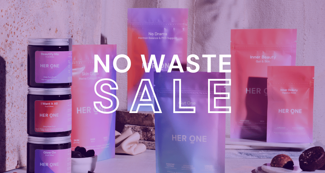 Packaging and cans with the imprint "HER ONE", above which is the text "NO WASTE SALE" in purple lettering.