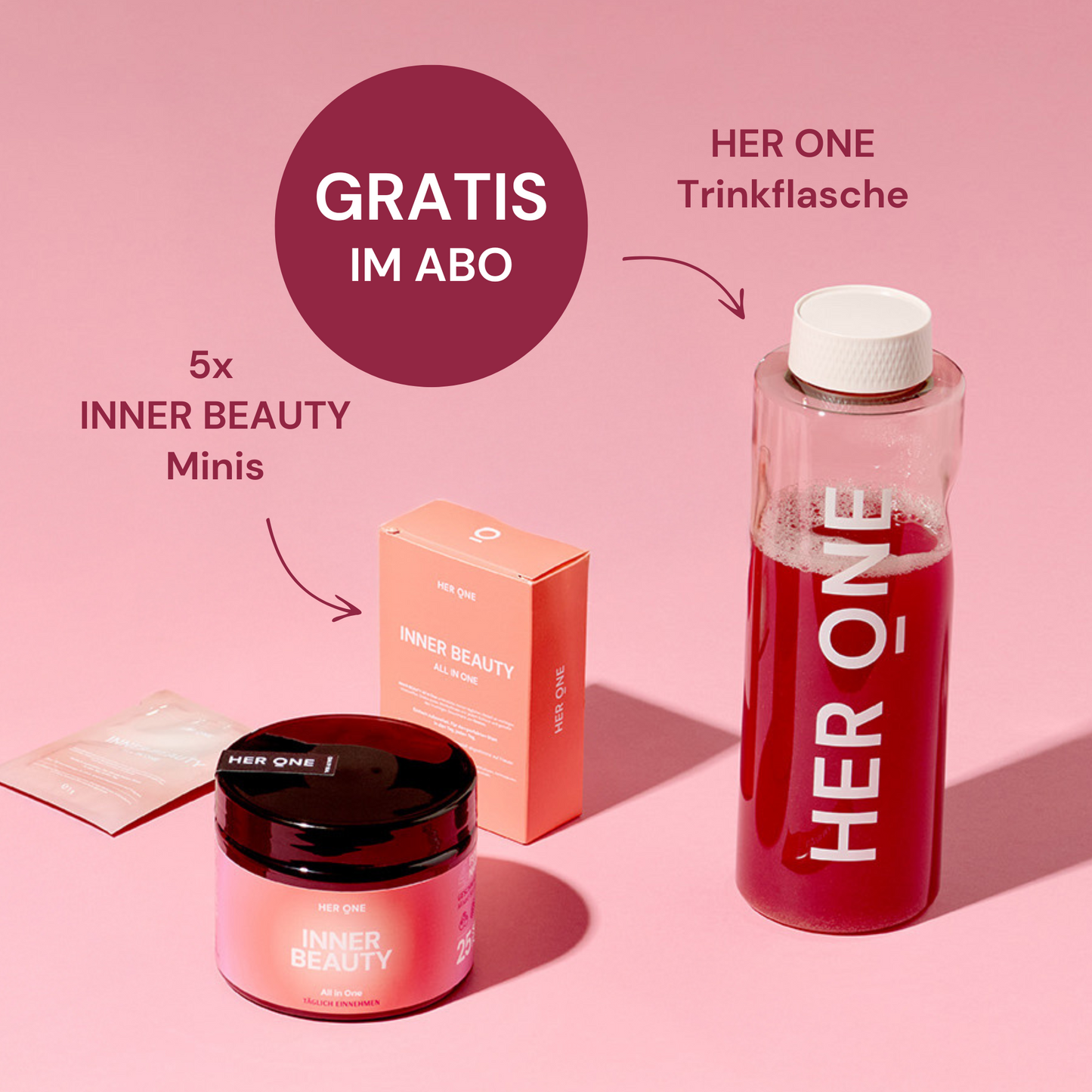 Pink background withInner Beauty" products and a water bottle, with the text "Free with subscription".