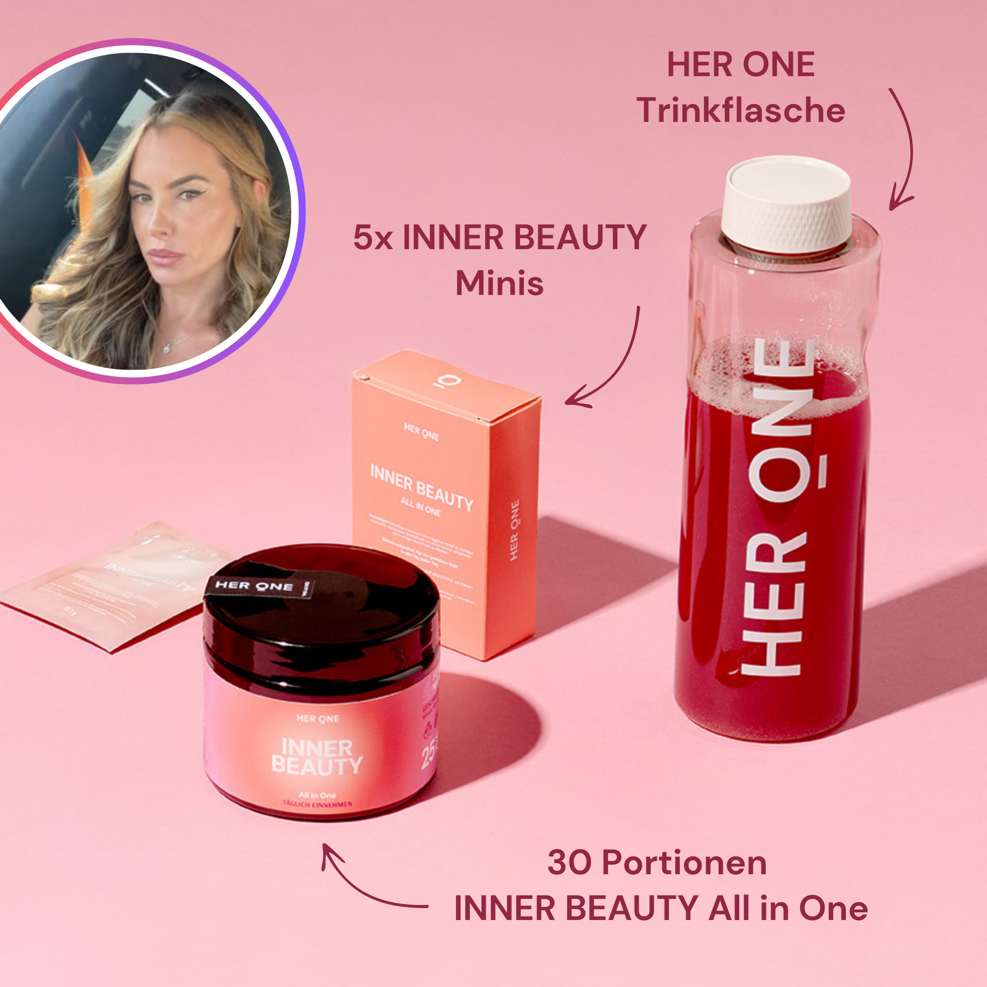 Products from "HER ONE": drinking bottle, INNER BEAUTY Minis, and All in One. Photo of a woman top left.