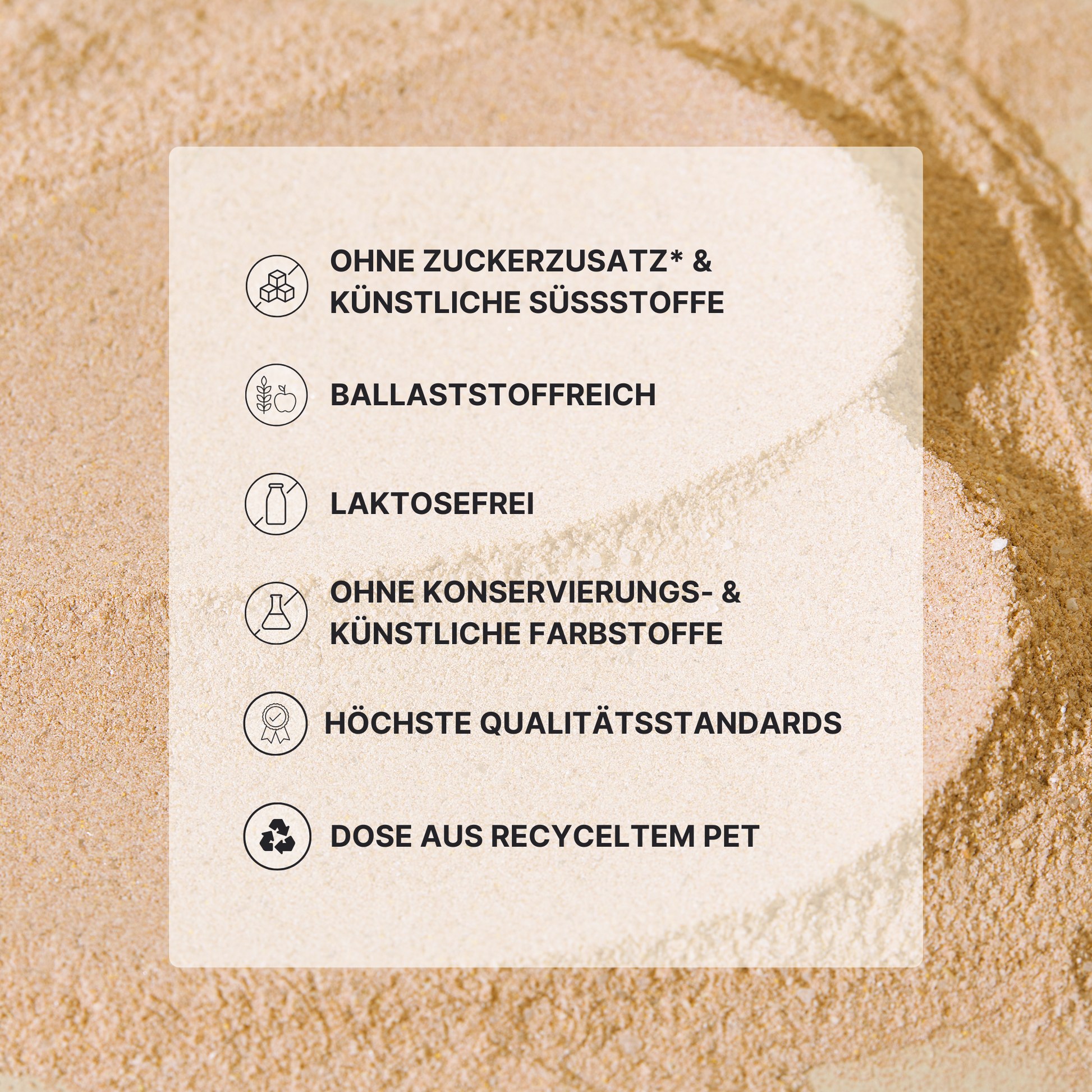 List of product properties on a sand-colored background, including high-fiber and lactose-free.
