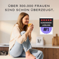 Woman sitting on a kitchen worktop drinking juice, next to text: "Over 300,000 women are already convinced."