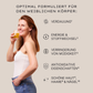 A woman drinks a glass of juice, alongside text about the benefits for the female body such as digestion and energy.