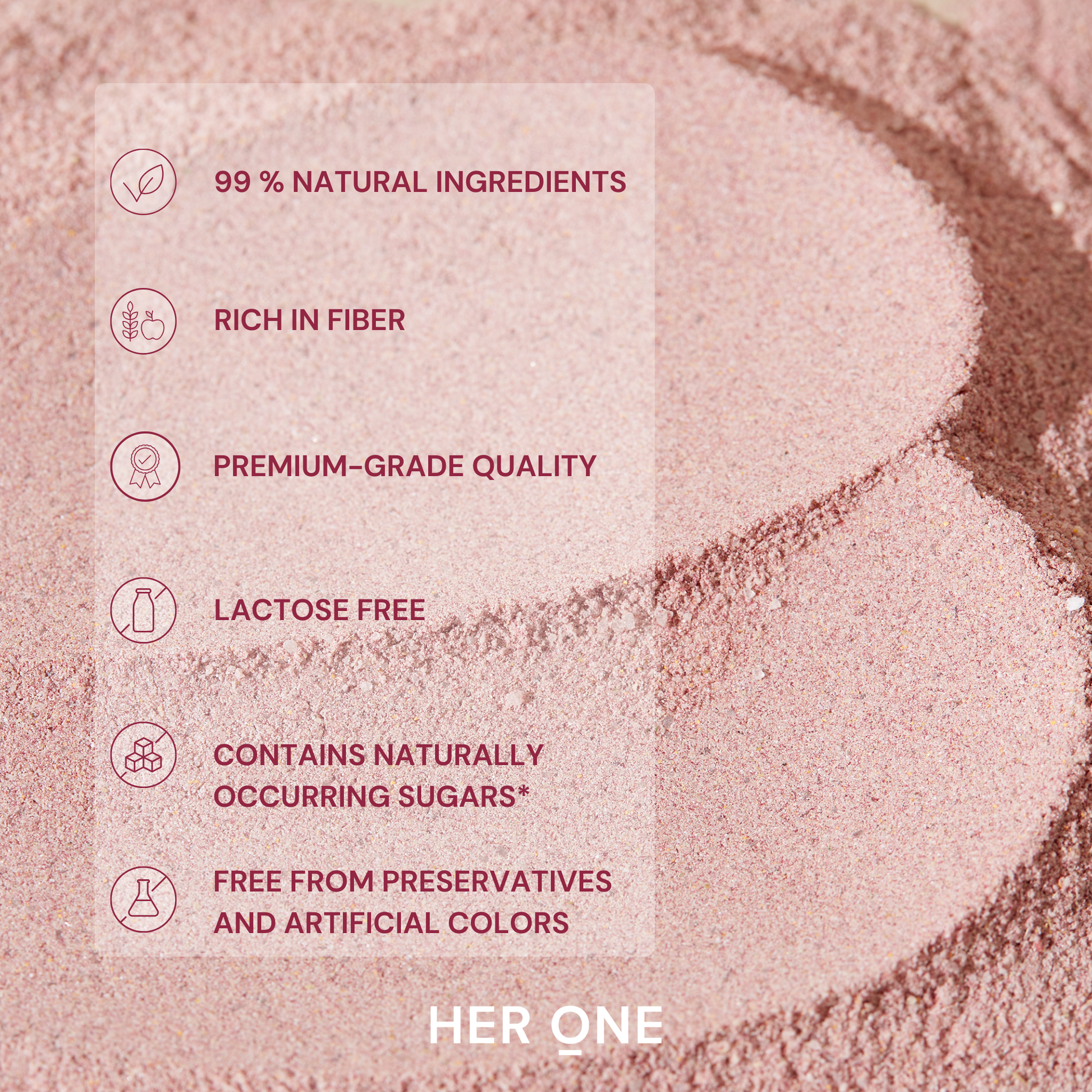 Pink powder with infographic: 99% natural, rich in fiber, lactose-free and preservative-free.