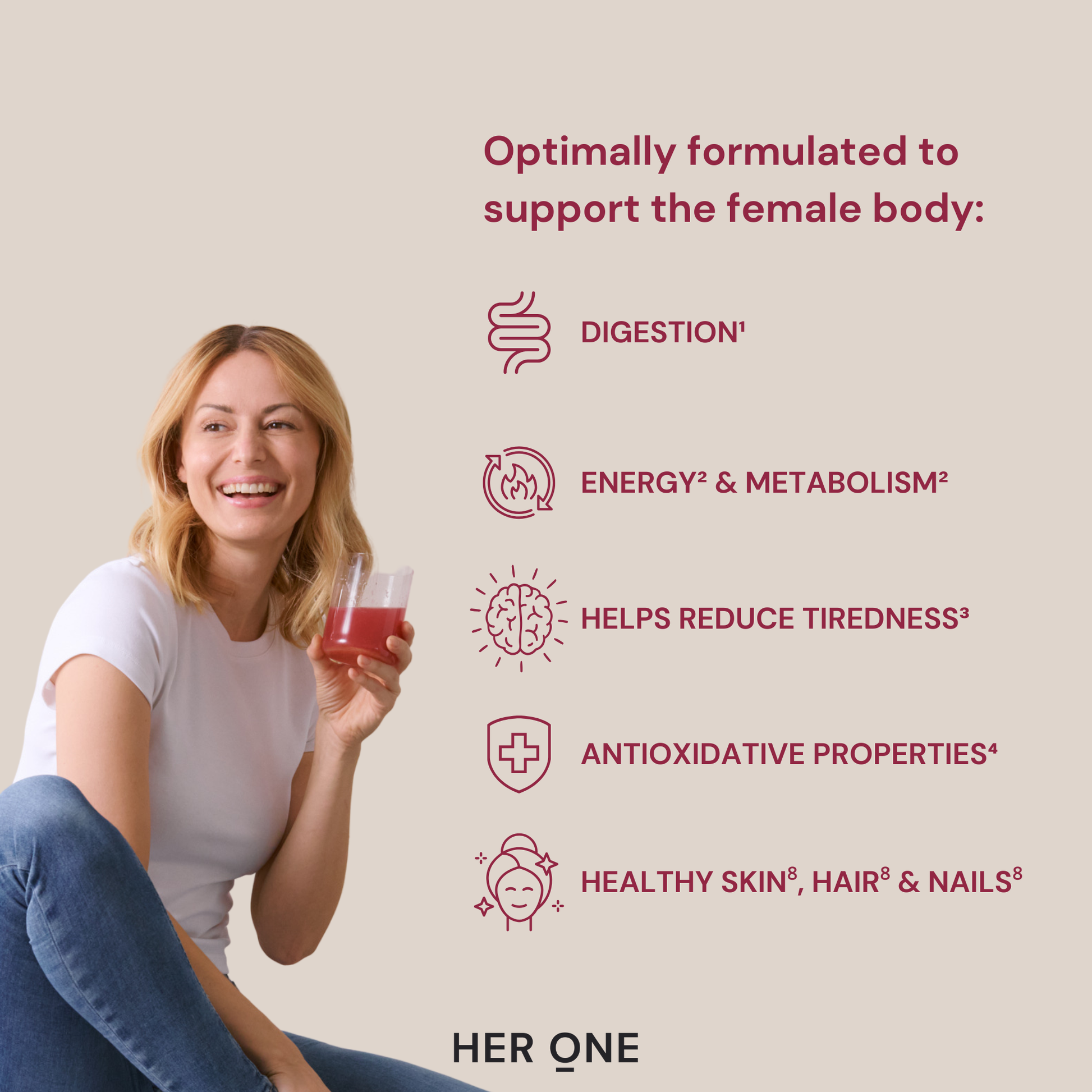 Smiling woman with drink next to a list of benefits: Digestion, energy, skin, hair & nails.