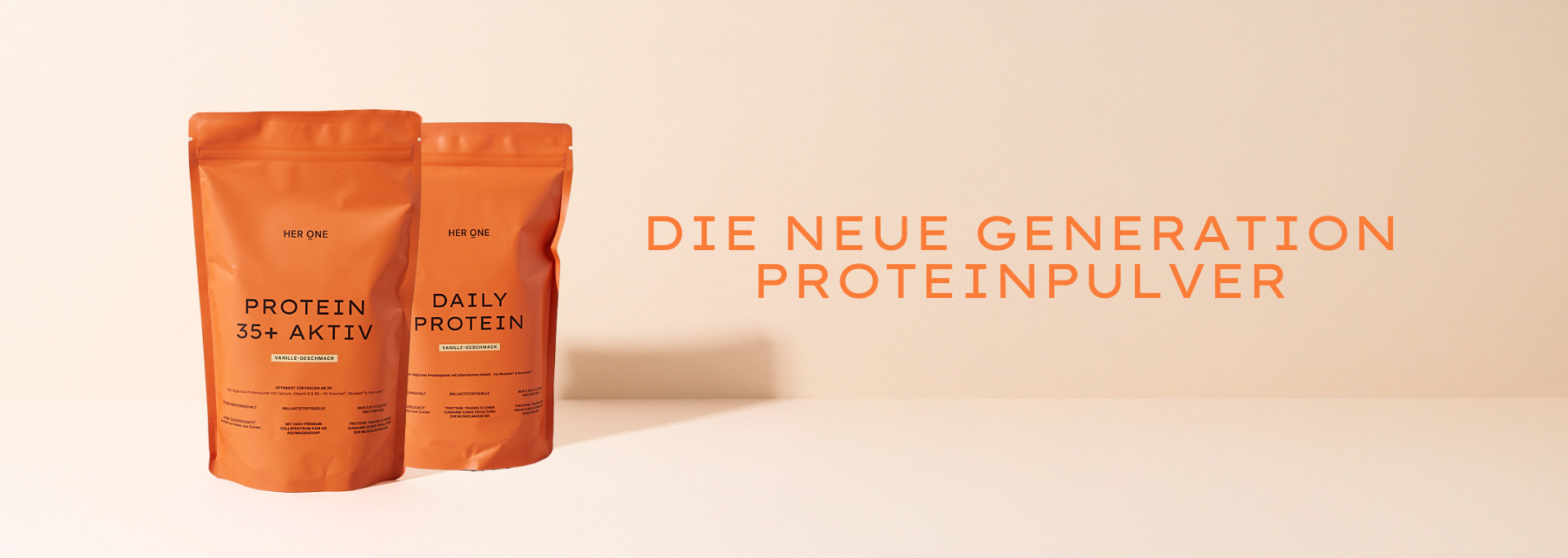 Two HER ONE protein powder sachets with vanilla flavor. Text: "The new generation of protein powder"