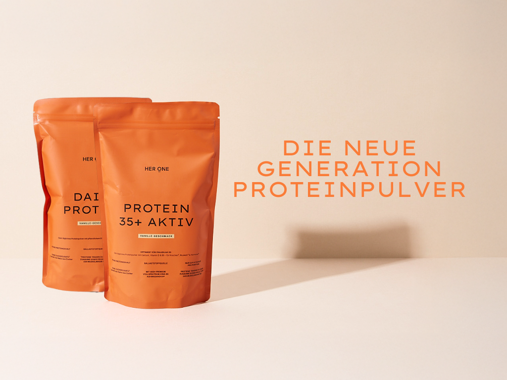 Two HER ONE protein powder sachets with vanilla flavor. Text: "The new generation of protein powder"