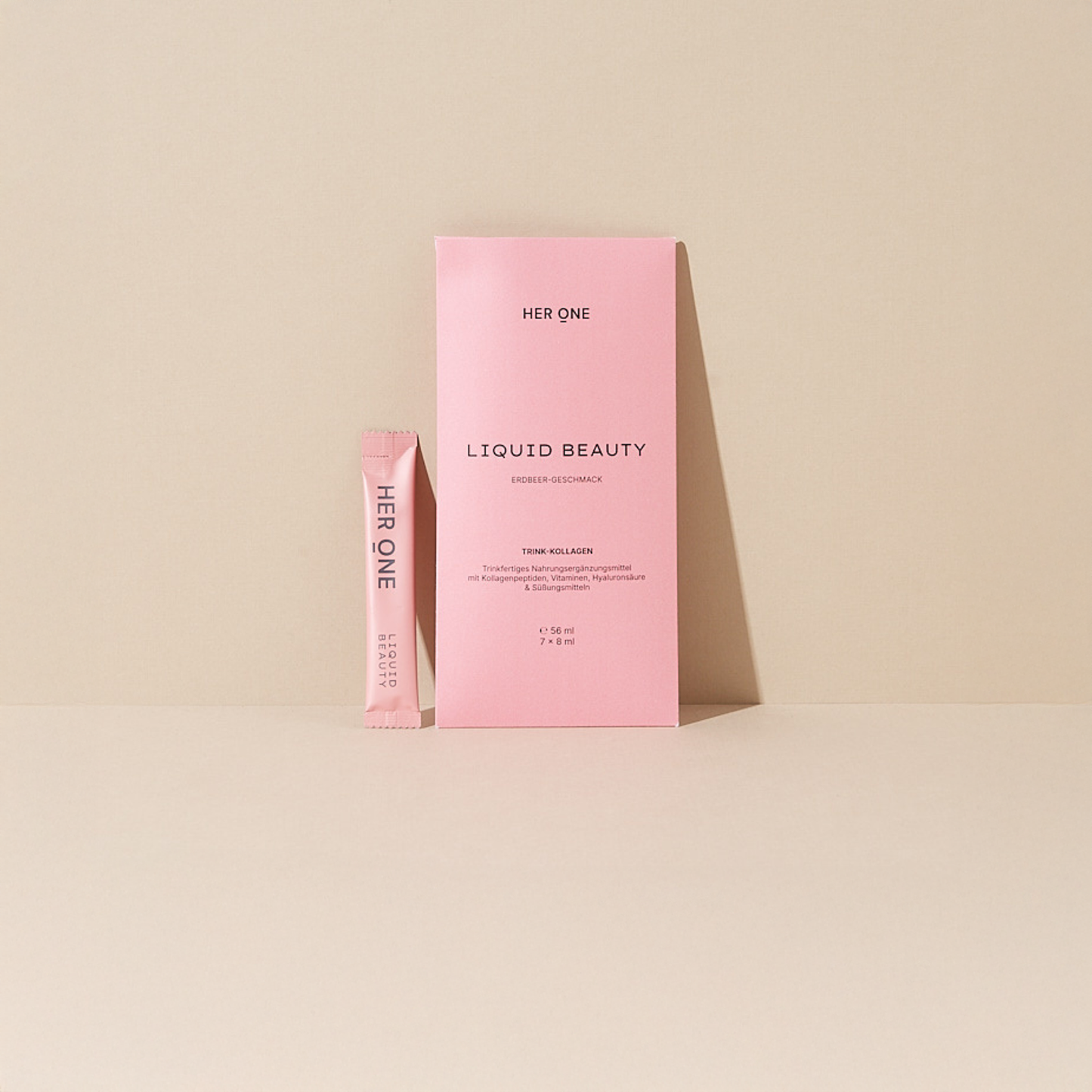 Pink box LIQUID BEAUTY Strawberry-flavored drinkable collagen with stick.
