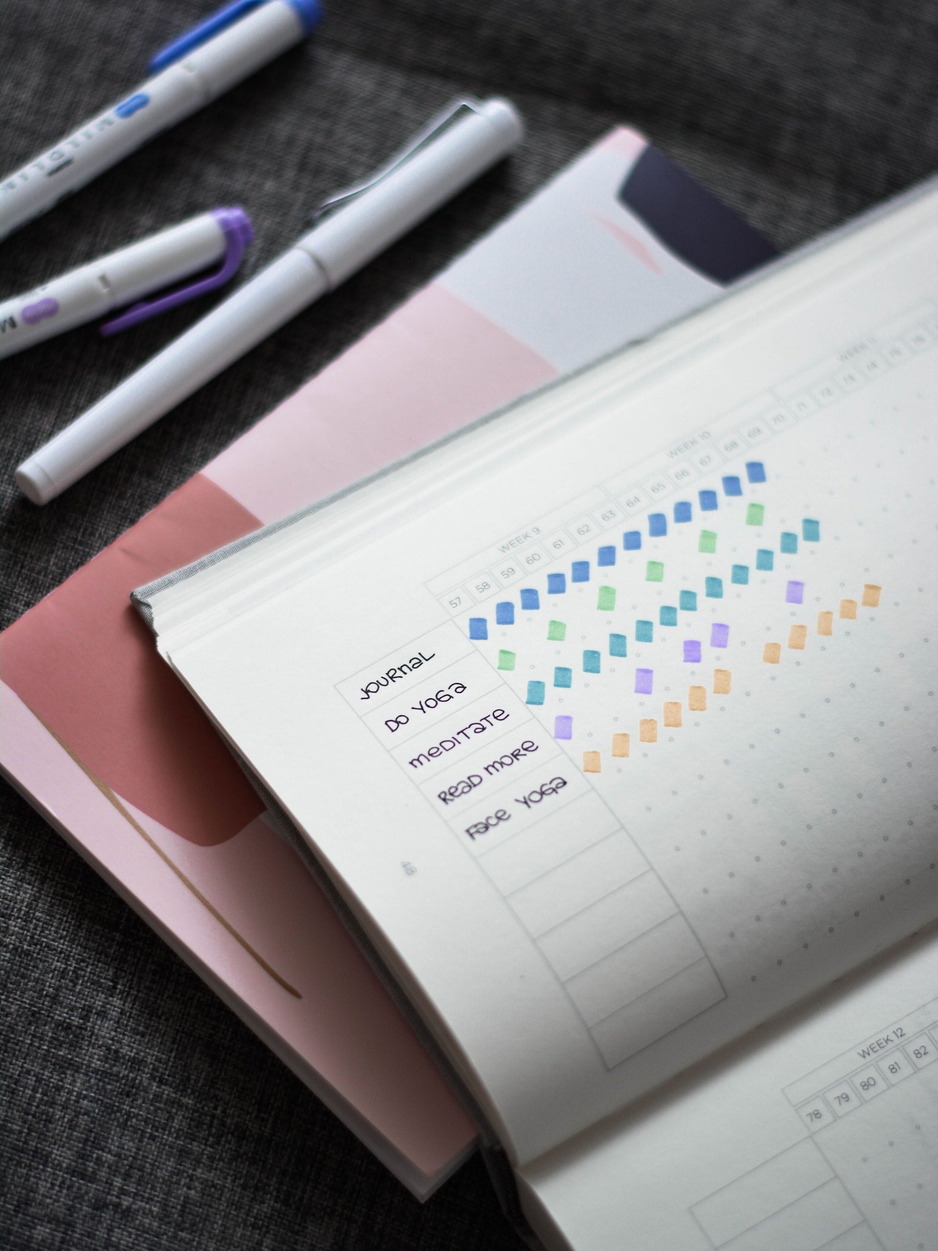 An open notebook with a colorful habit tracker, several pens lying on a table next to it.
