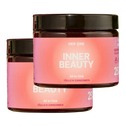 Deux pots cosmétiques roses avec l'inscriptionInner Beauty" et un couvercle noir.