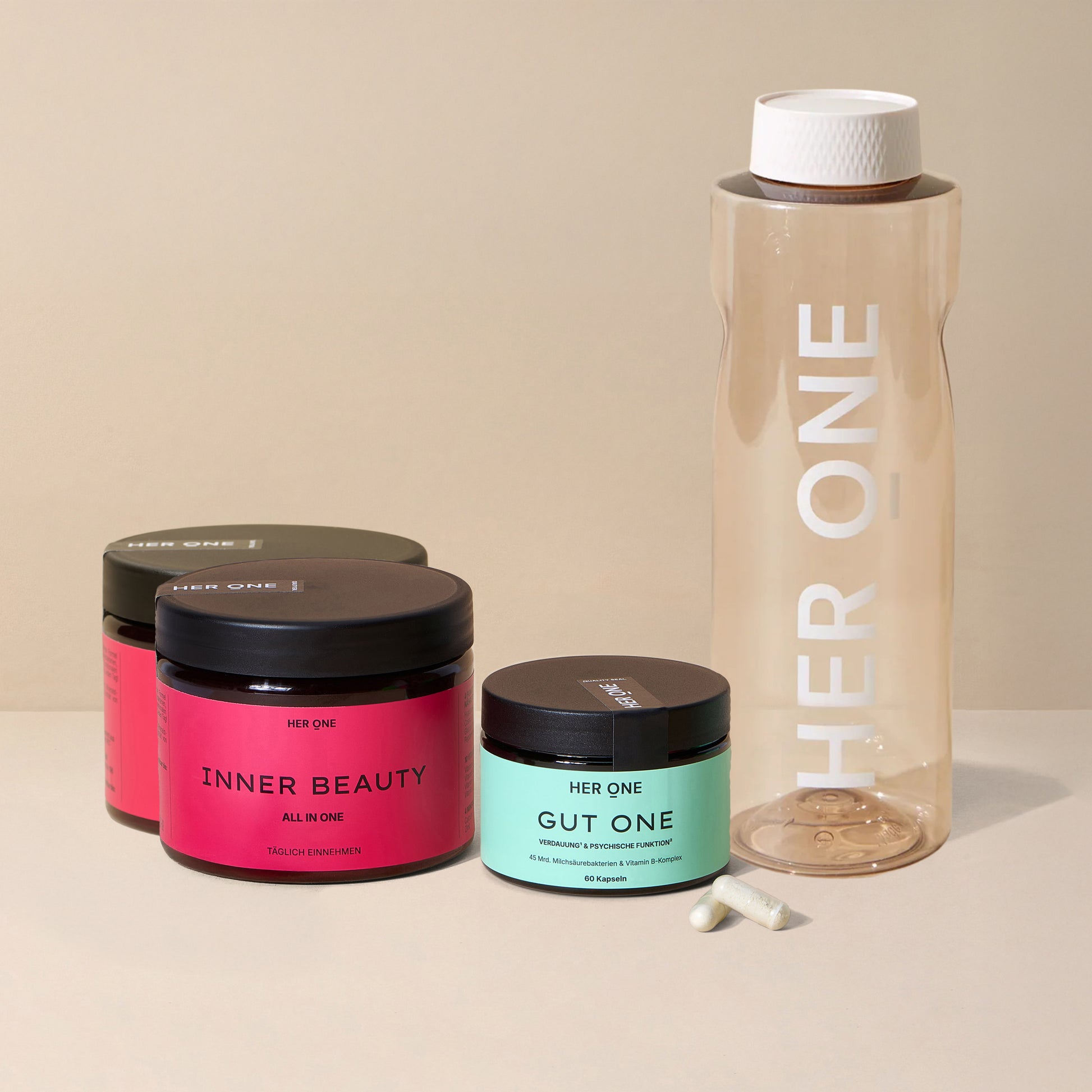 2 INNER BEAUTY, 1 GUT ONE 1 HER ONE bouteille – Produits pour la peau, la digestion et le bien-être quotidien