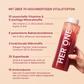 La main tient une bouteille de boisson, à côté d'un texte sur les vitamines, les minéraux, les souches bactériennes et les super-aliments.