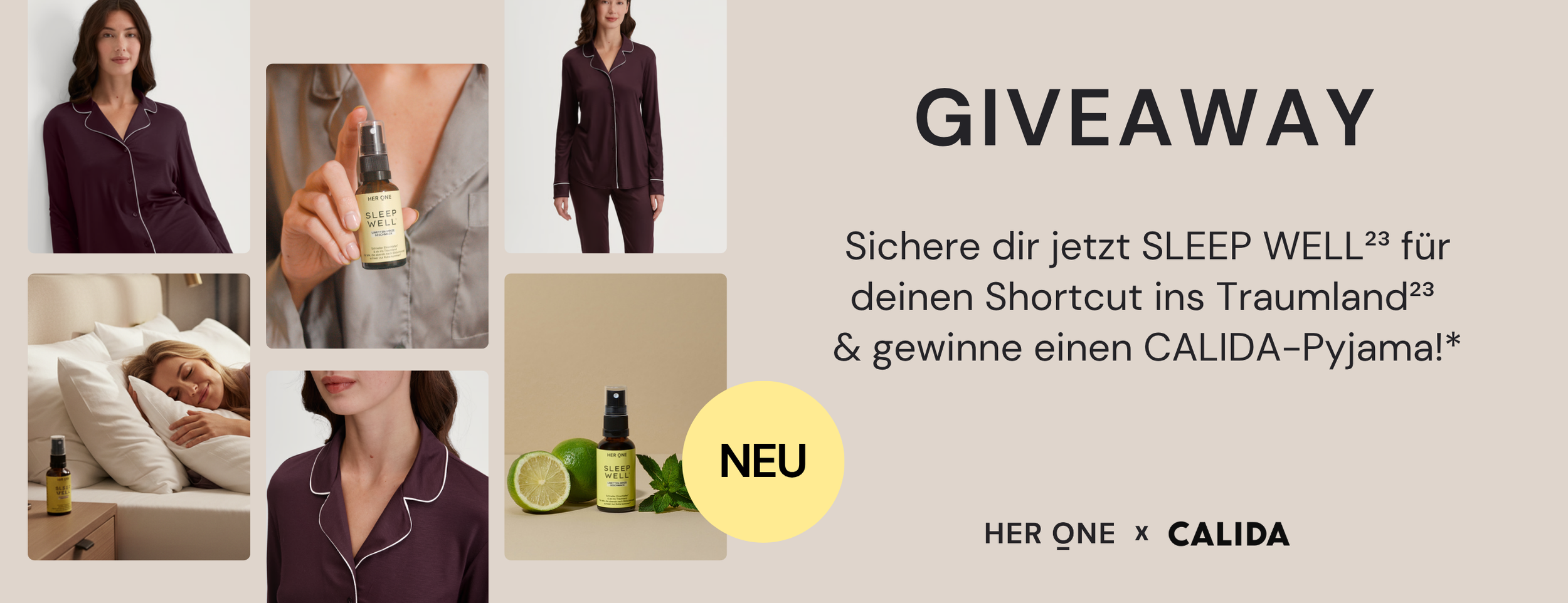 Collage avec pyjama, Her One Sleep Well Spray et texte sur le giveaway avec pyjama CALIDA.