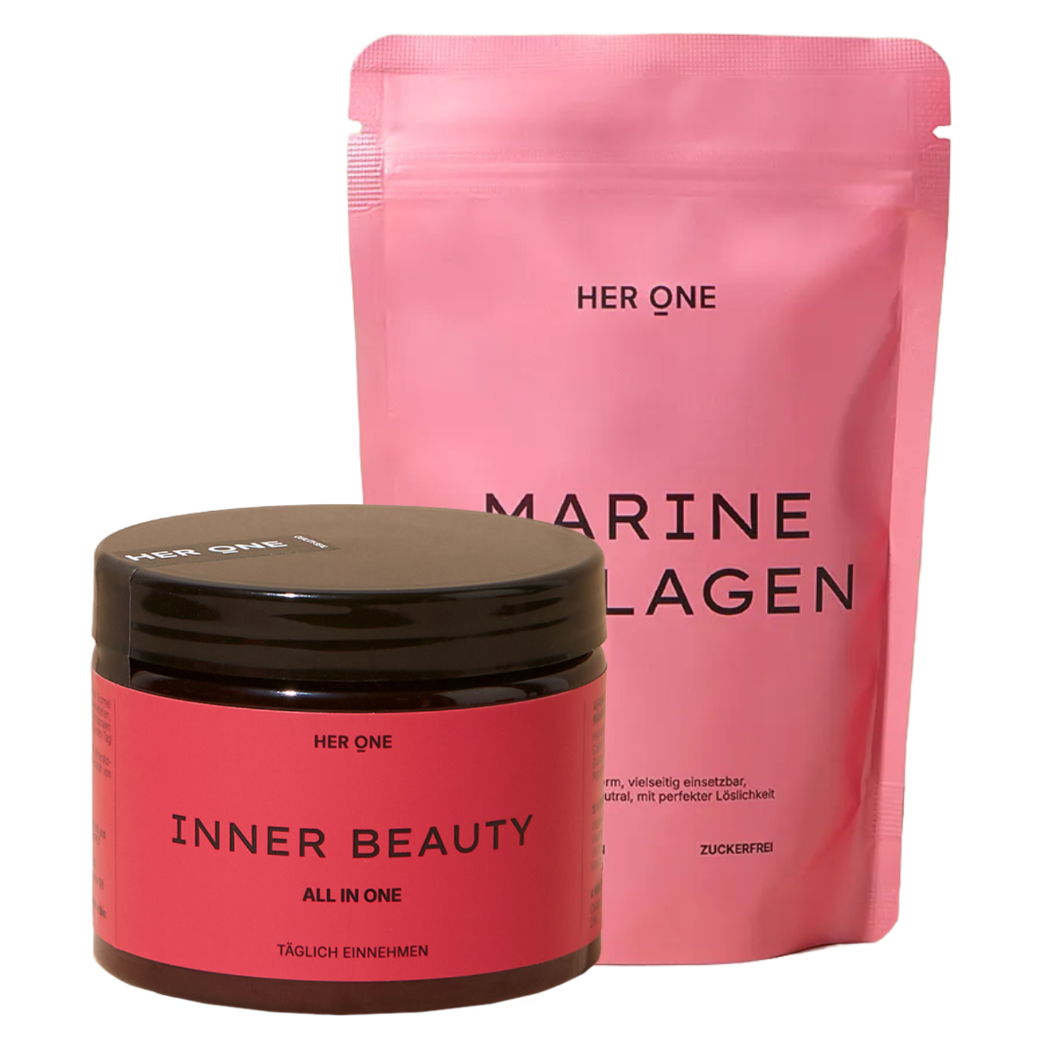 Her One Beauty-Bundle avec poudre INNER BEAUTY (boîte) et poudre COLLAGENE MARINE. Pour la peau, les cheveux et le tissu conjonctif.