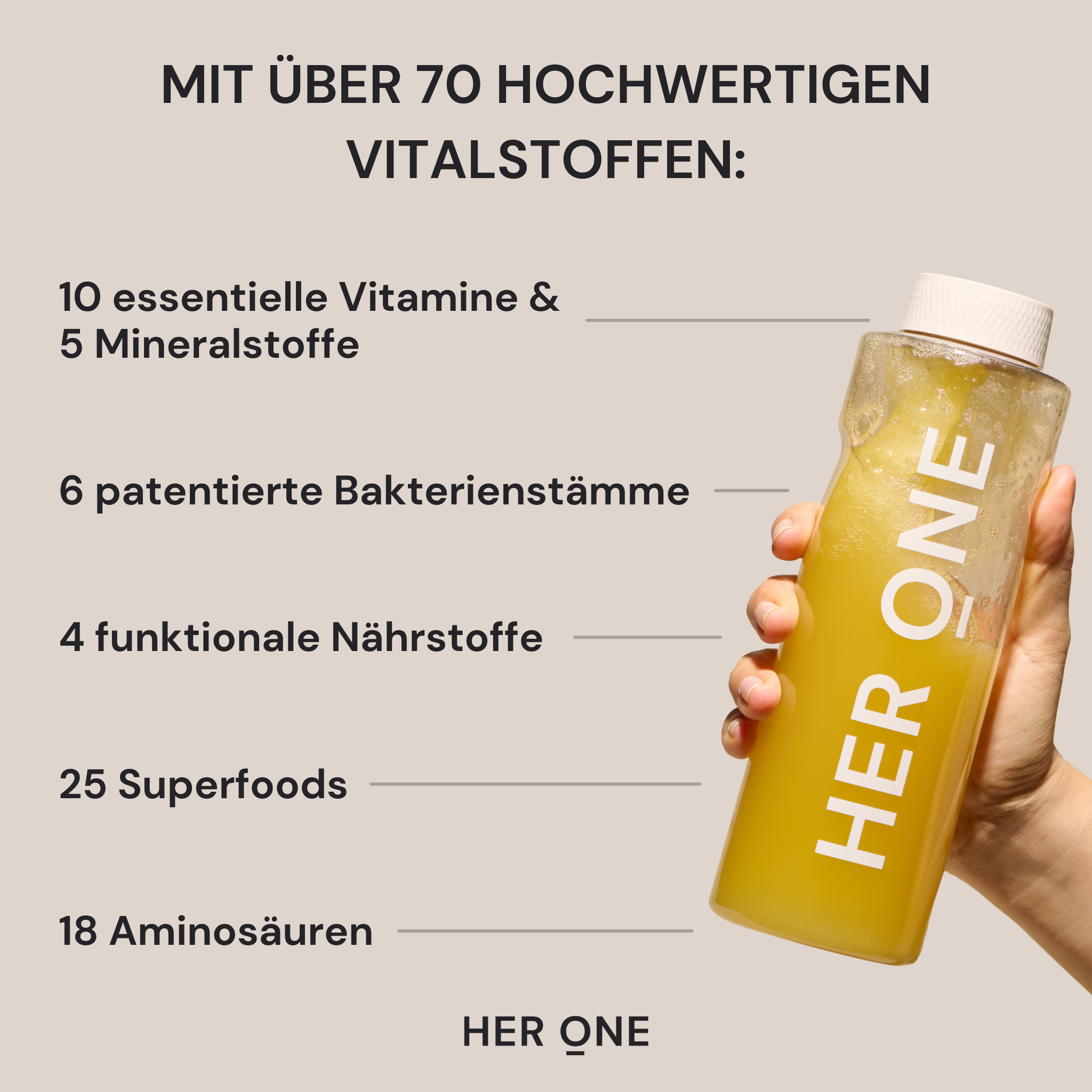 Infographie de la boisson : Boisson HER ONE dans la main (liquide jaune) avec liste des ingrédients (vitamines, souches bactériennes, super-aliments, etc.).