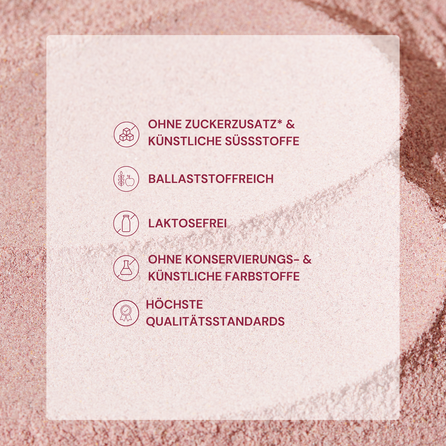 Liste des caractéristiques du produit : sans sucre, riche en fibres, sans lactose, sans additifs, haute qualité.