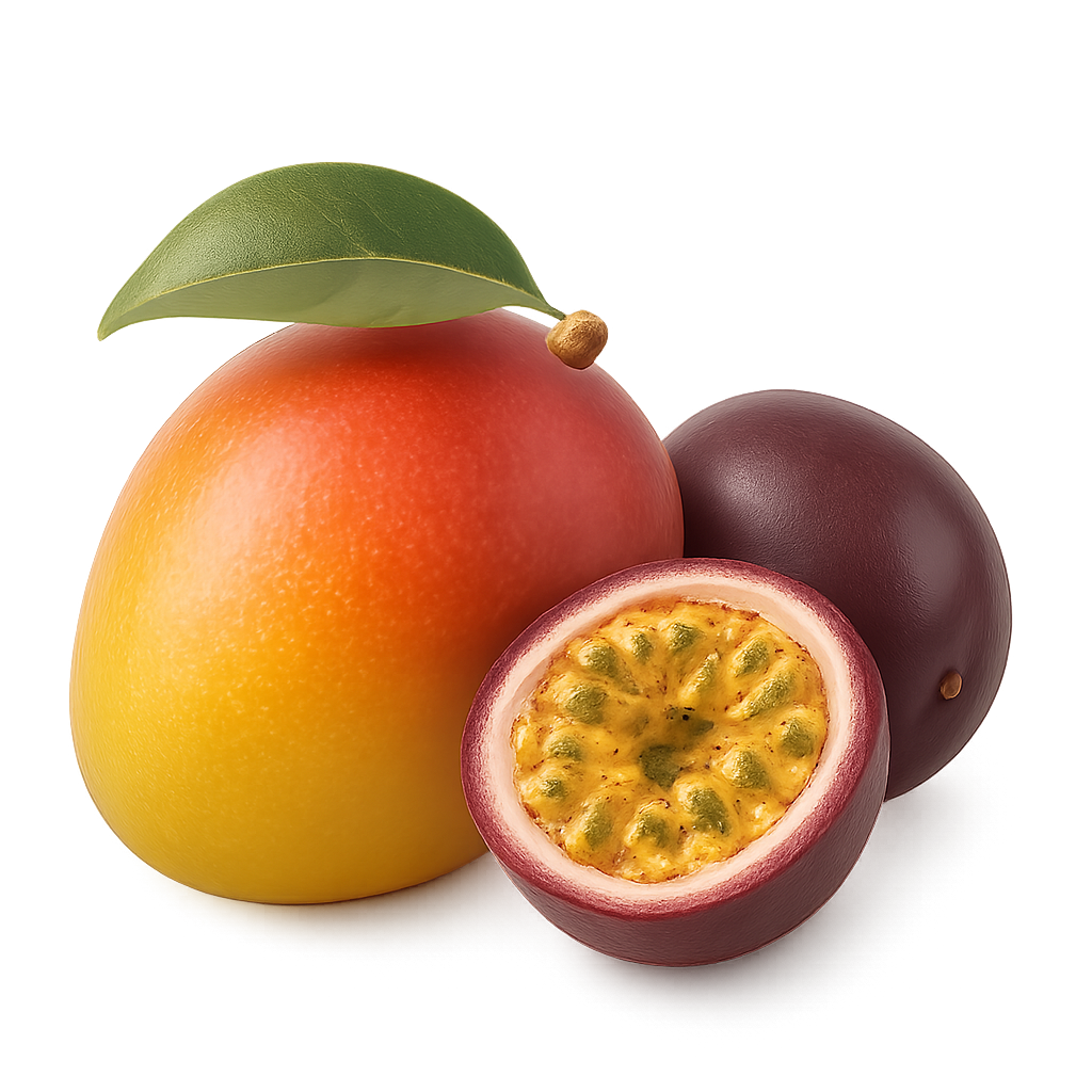 Une mangue mûre avec sa feuille est posée à côté de deux fruits de la passion, dont l'un est coupé en deux, sur un fond moelleux.