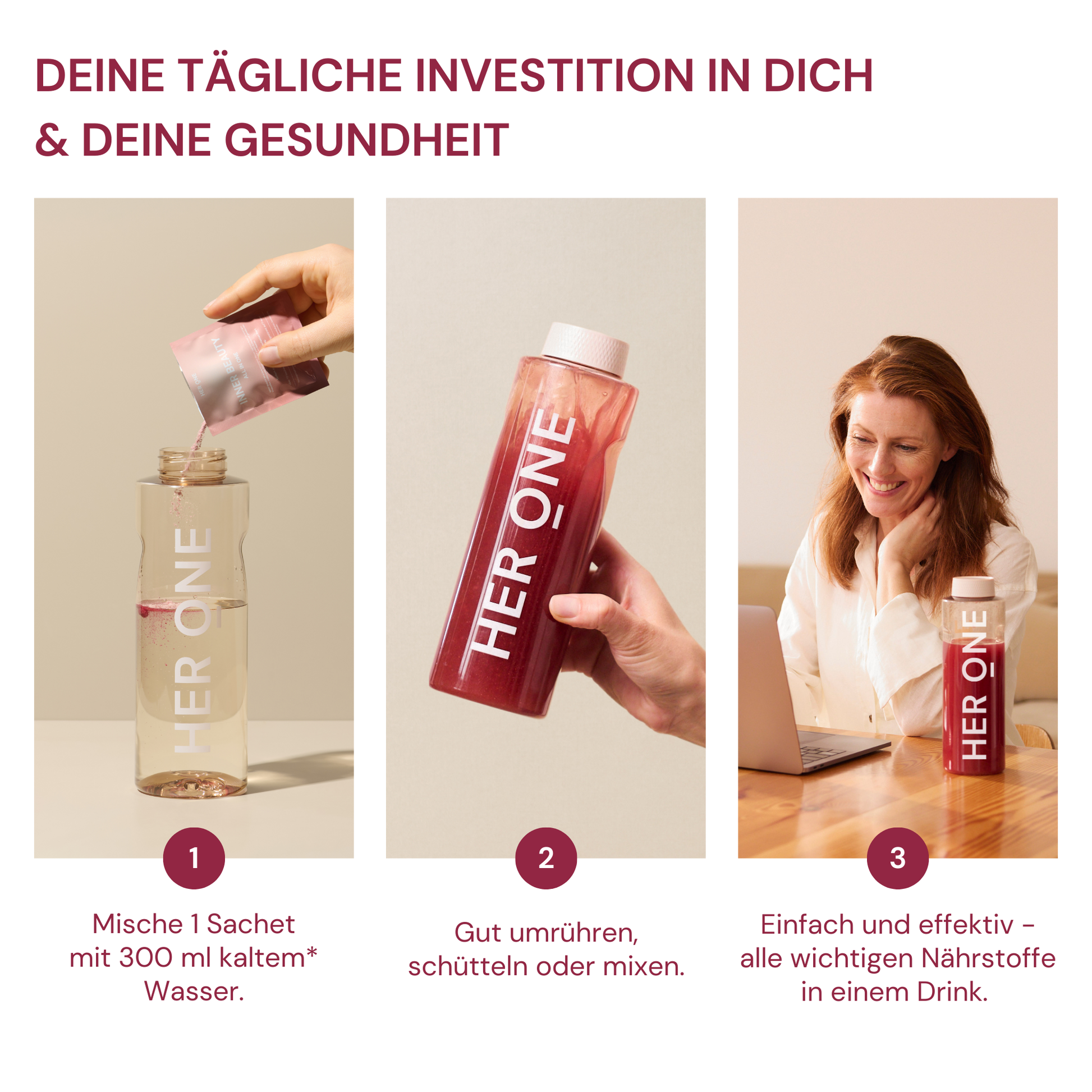 Collage montrant une étape de la préparation d'une boisson et une femme savourant un verre devant un ordinateur portable.