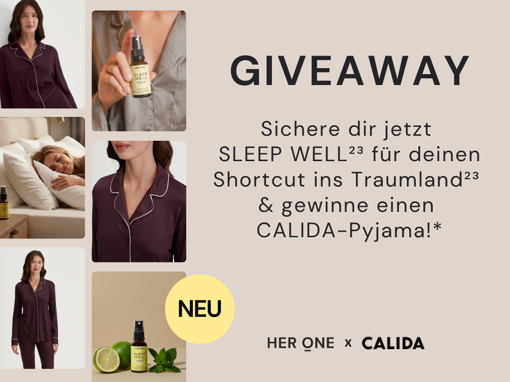 Collage avec Her One Sleep Well Spray, pyjama CALIDA et texte sur le giveaway sur fond beige.