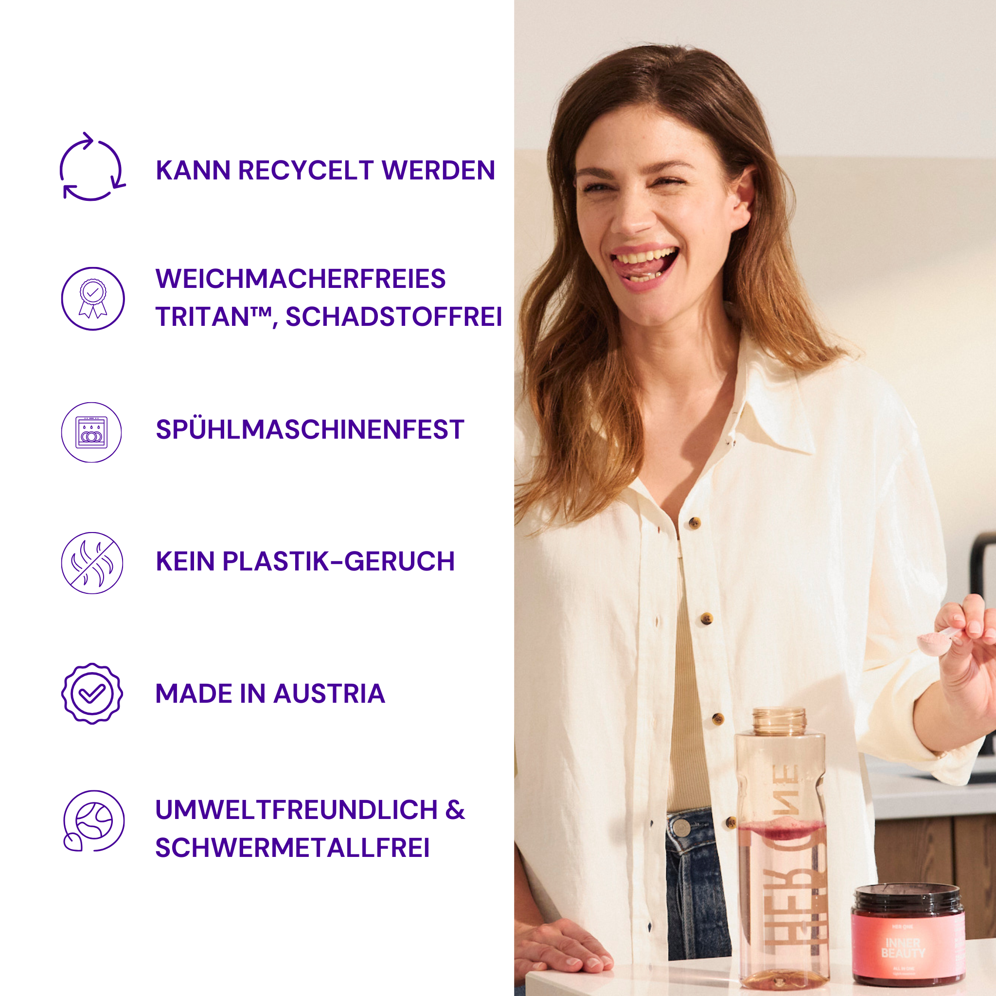 Femme en chemisier blanc souriant avec une bouteille d'eau ; caractéristiques : recyclable, sans substances nocives, lavable au lave-vaisselle, écologique.
