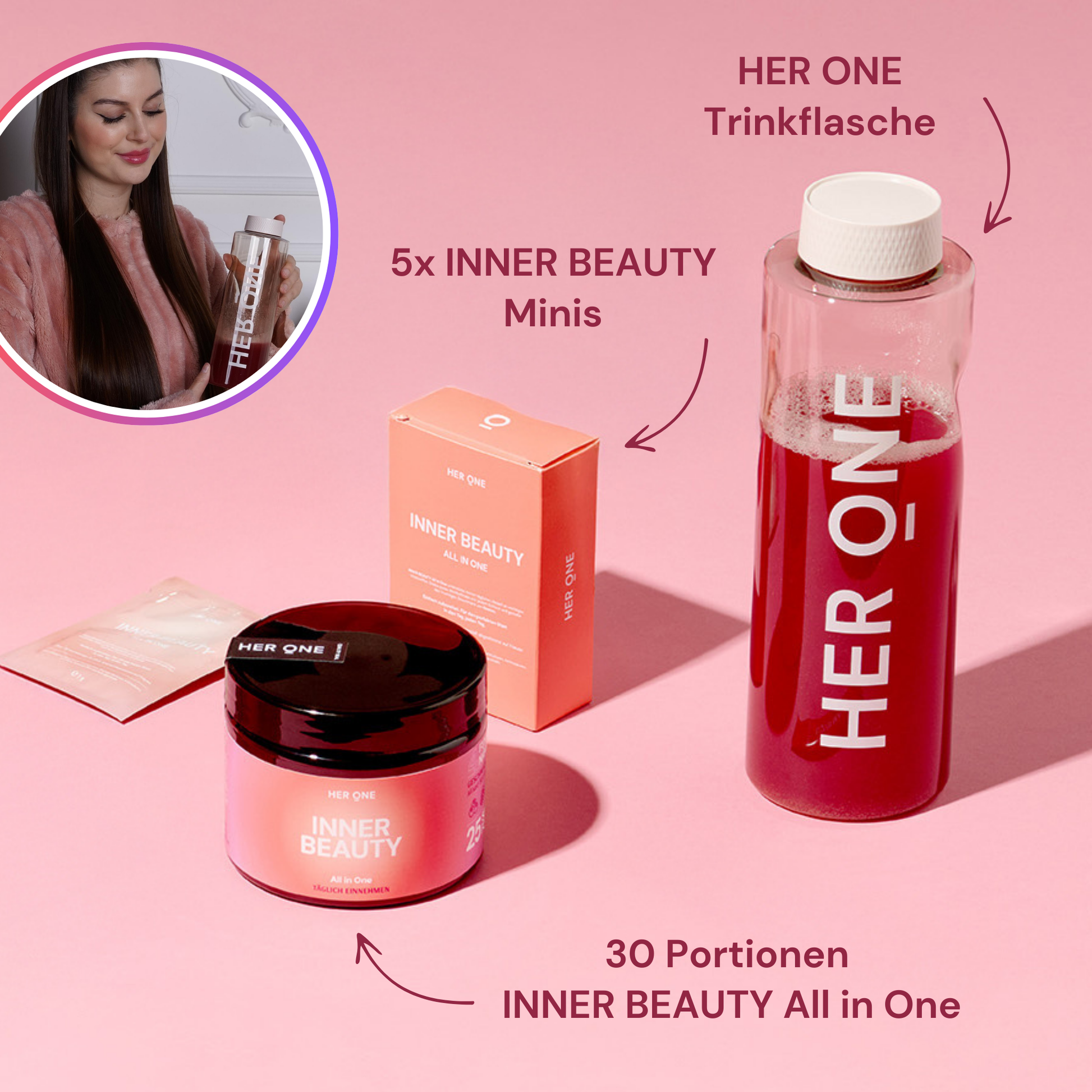 Photo de produit de HER ONE : gourde, boîte d'INNER BEAUTY avec des portions et un emballage sur fond rose.