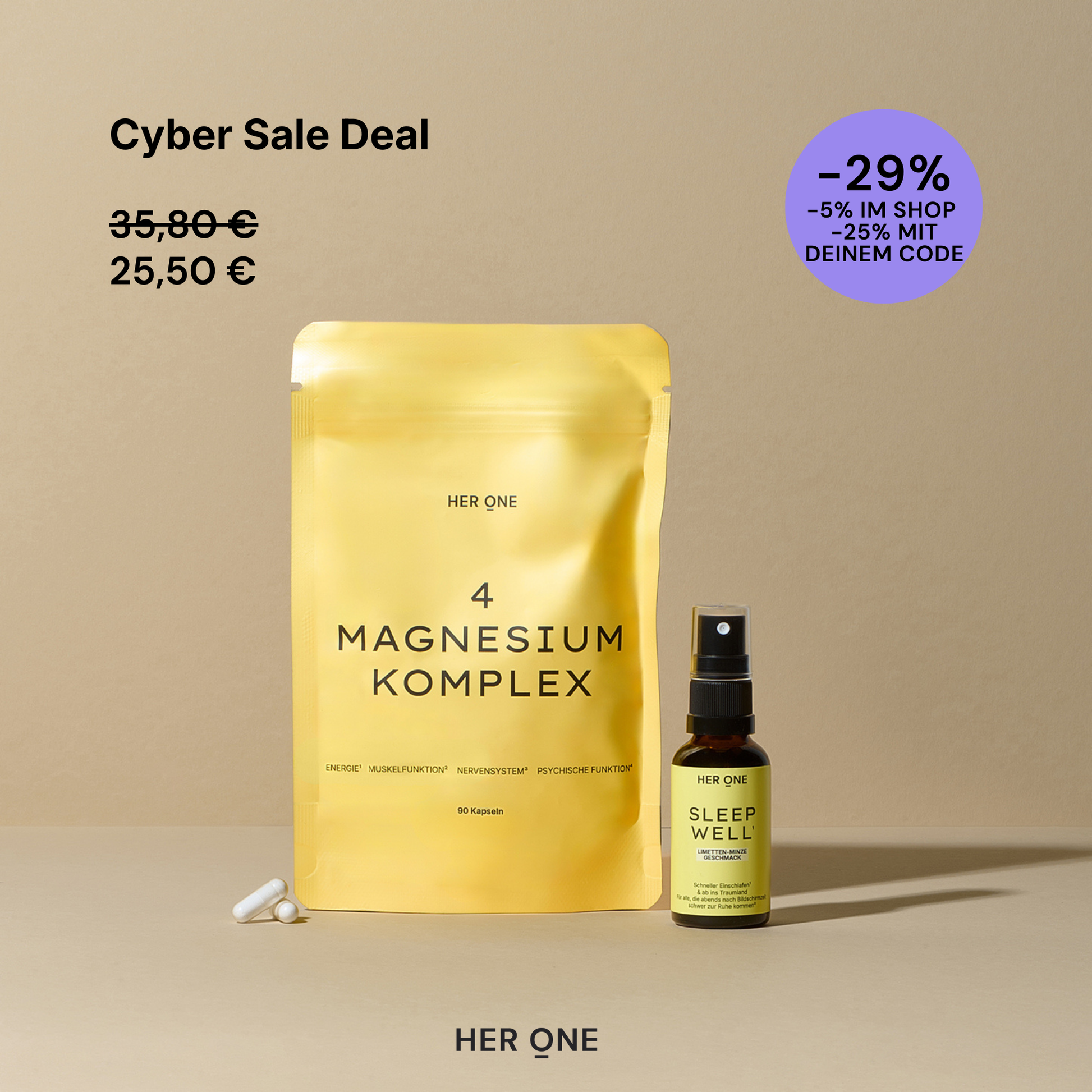 Pack doré HER ONE 4 MAGNESIUM KOMPLEX gélules et SLEEP WELL spray. Offre spéciale Cyber Sale.
