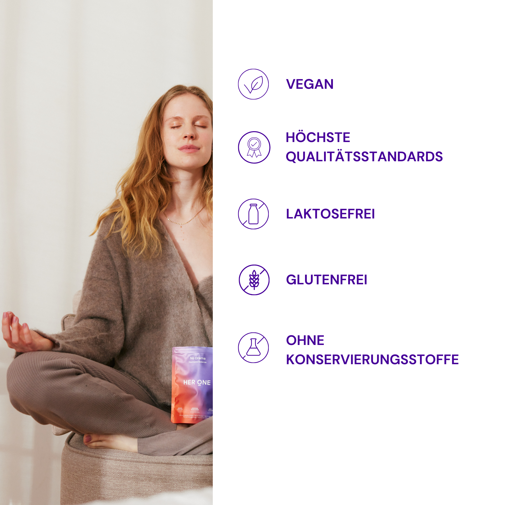 Femme méditant avec l'emballage à côté ; le texte énumère les caractéristiques du produit : végétalien, haute qualité, sans lactose ni gluten, sans conservateurs.