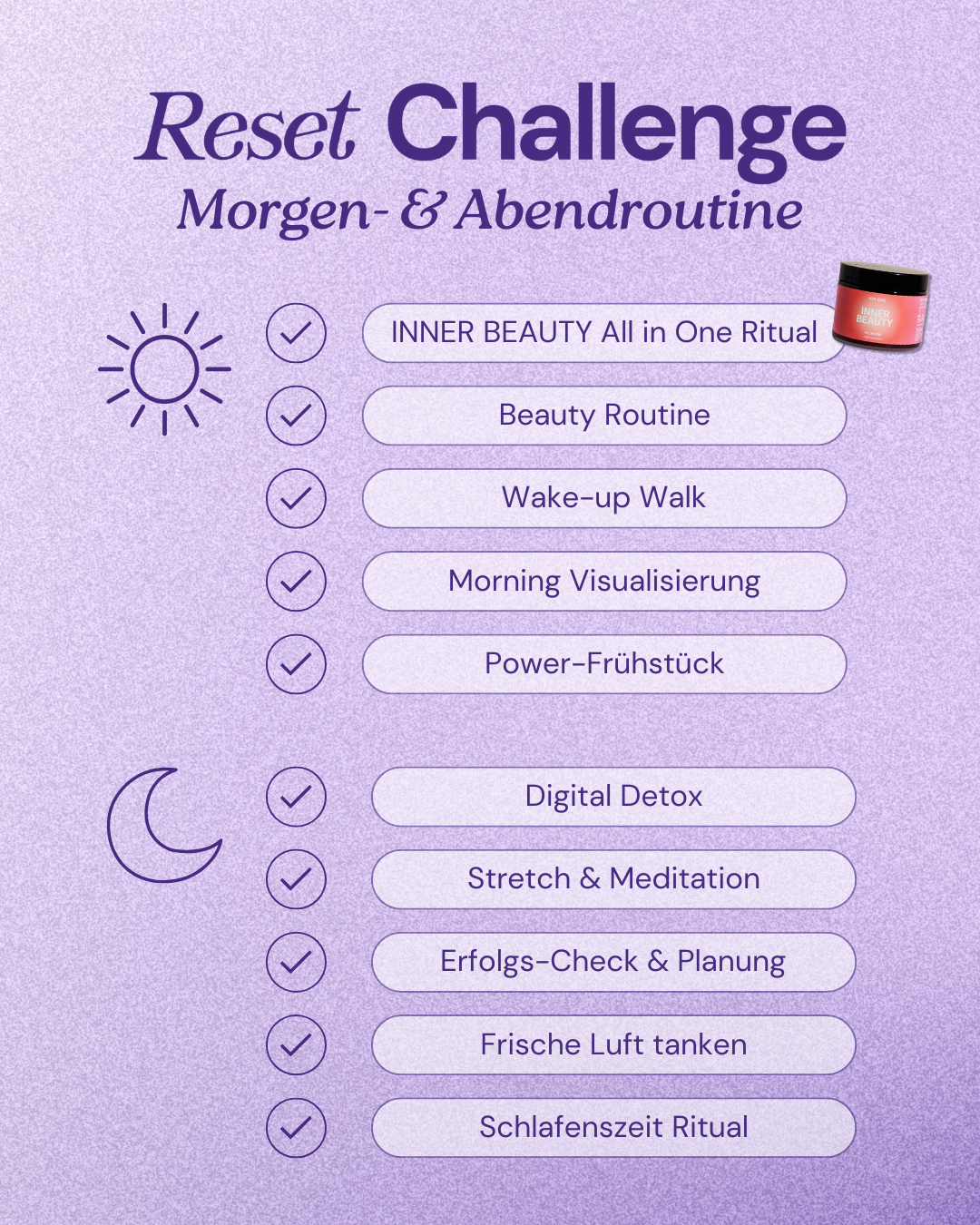 Liste des tâches routinières du matin et du soir sur fond violet avec les symboles du soleil et de la lune.