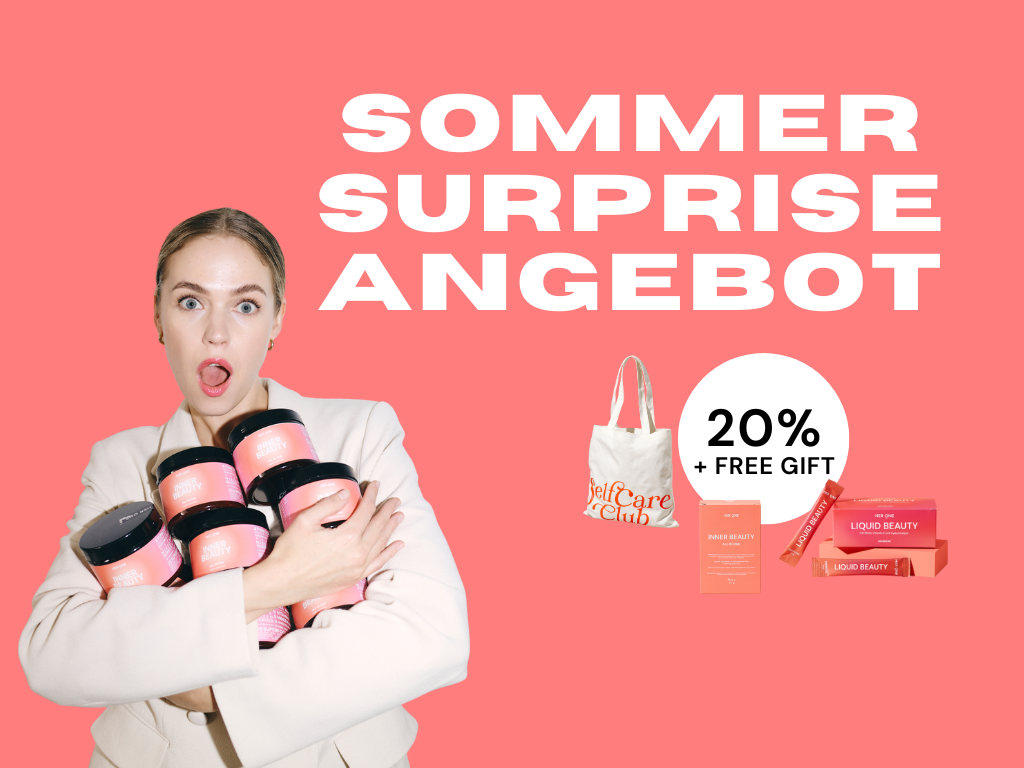 Femme avec des boîtes de Inner Beauty , à côté de 20 % de réduction + cadeau gratuit et texte : Offre Surprise d'été