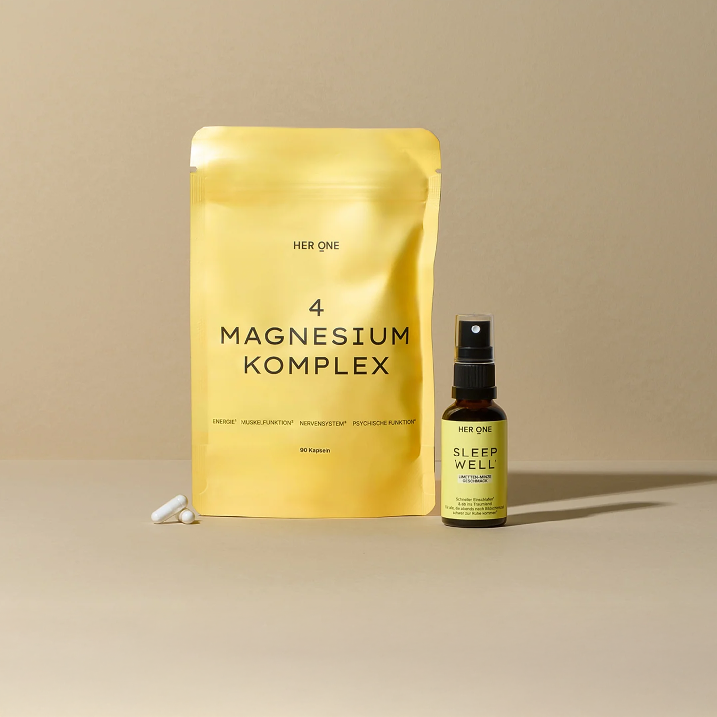 Sachet jaune 4 gélules MAGNESIUM KOMPLEX et spray SLEEP WELL.