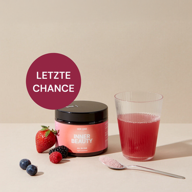 INNER BEAUTY contenant des baies et du jus mélangé. Cercle rouge avec « Dernière chance ».