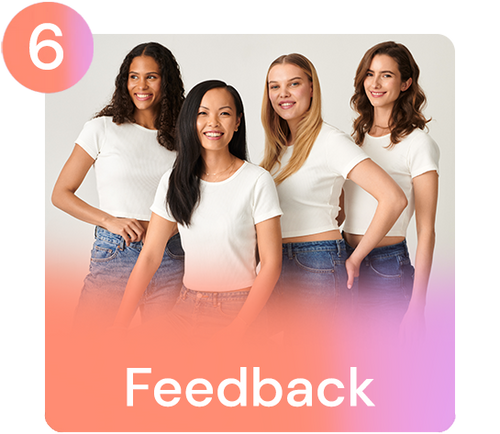 Quattro donne in maglietta bianca e jeans sorridono alla telecamera; il numero 6 in alto a sinistra e il testo "Feedback" in basso.