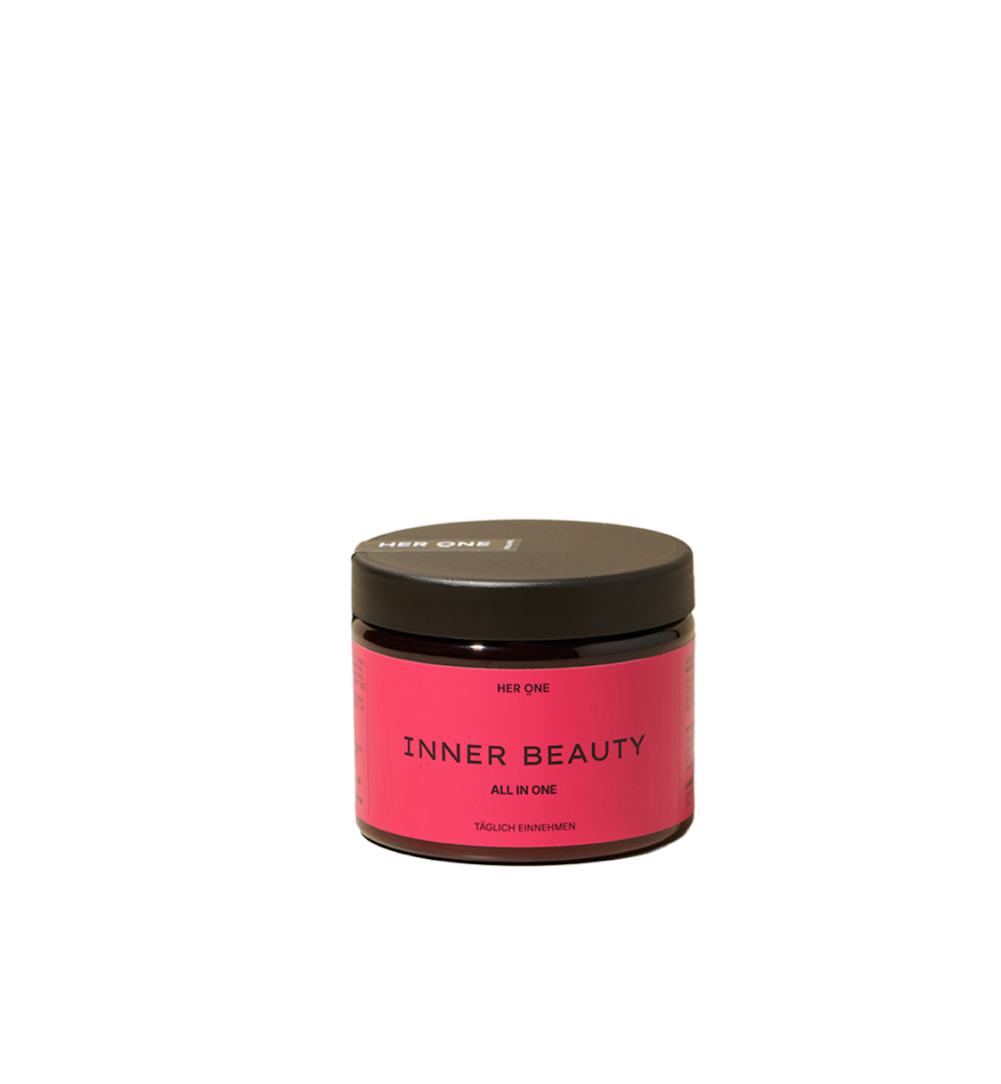 Vasetto in vetro marrone con coperchio nero ed etichetta rosa, con la dicituraINNER BEAUTY ALL IN ONE".