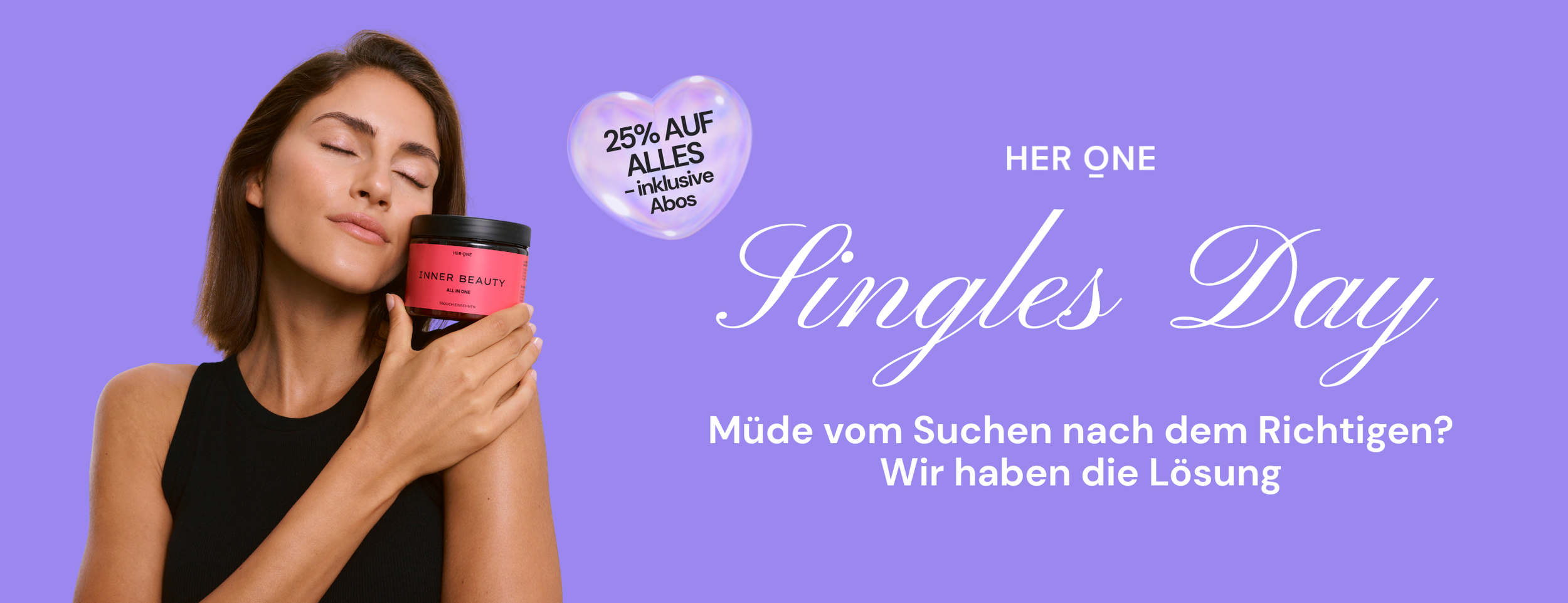 Donna con in mano il prodotto INNER BEAUTY All in One su sfondo viola. Testo: Singles Day - 25 % di sconto su tutto - compresi gli abbonamenti