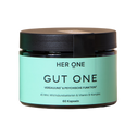 Una confezione di HER ONE GUT ONE etichetta verde menta, coperchio nero e 60 capsule.