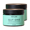 Due confezioni di HER ONE GUT ONE etichetta verde menta e coperchio nero, 60 capsule per confezione