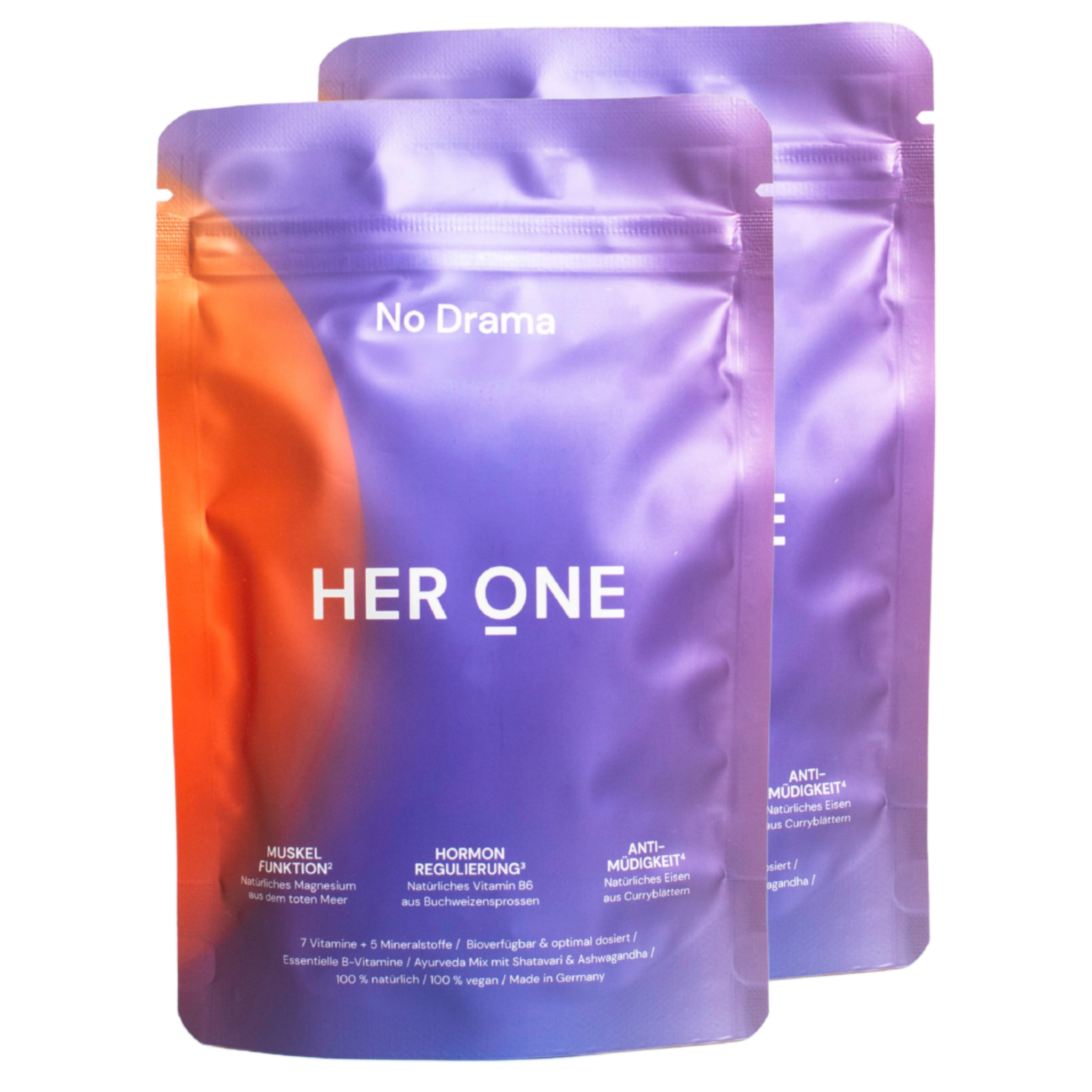 Confezione doppia Her One NO DRAMA polvere per la regolazione ormonale, con shatavari, ashwagandha e vitamine B.