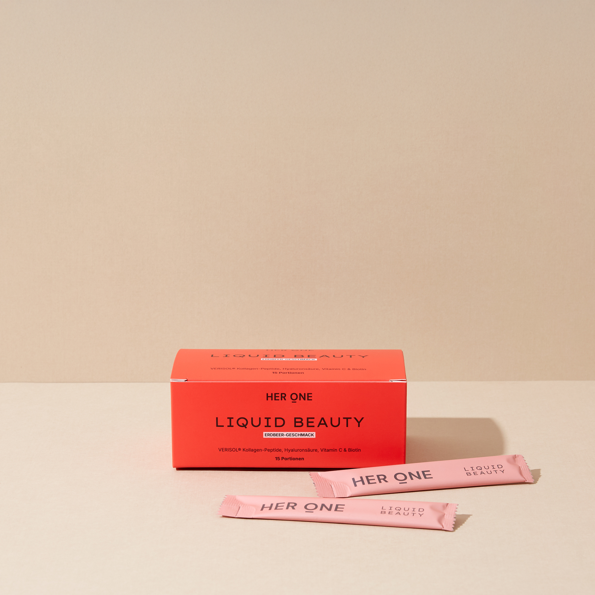 Her One LIQUID BEAUTY Collagene da bere (fragola). 15 porzioni. Confezione con due bustine singole. Contiene collagene VERISOL.