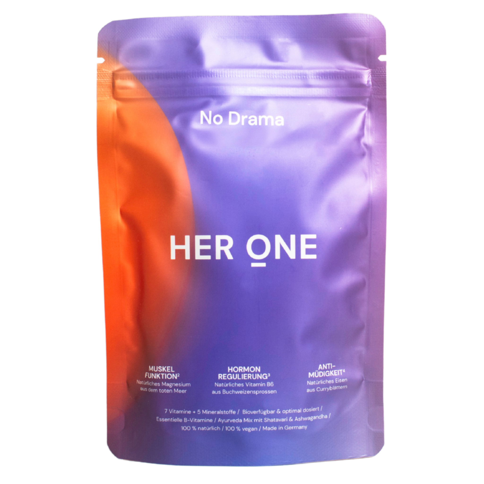 Her One NO DRAMA Polvere regolatrice di ormoni con shatavari, ashwagandha e vitamine B. 100% vegano.