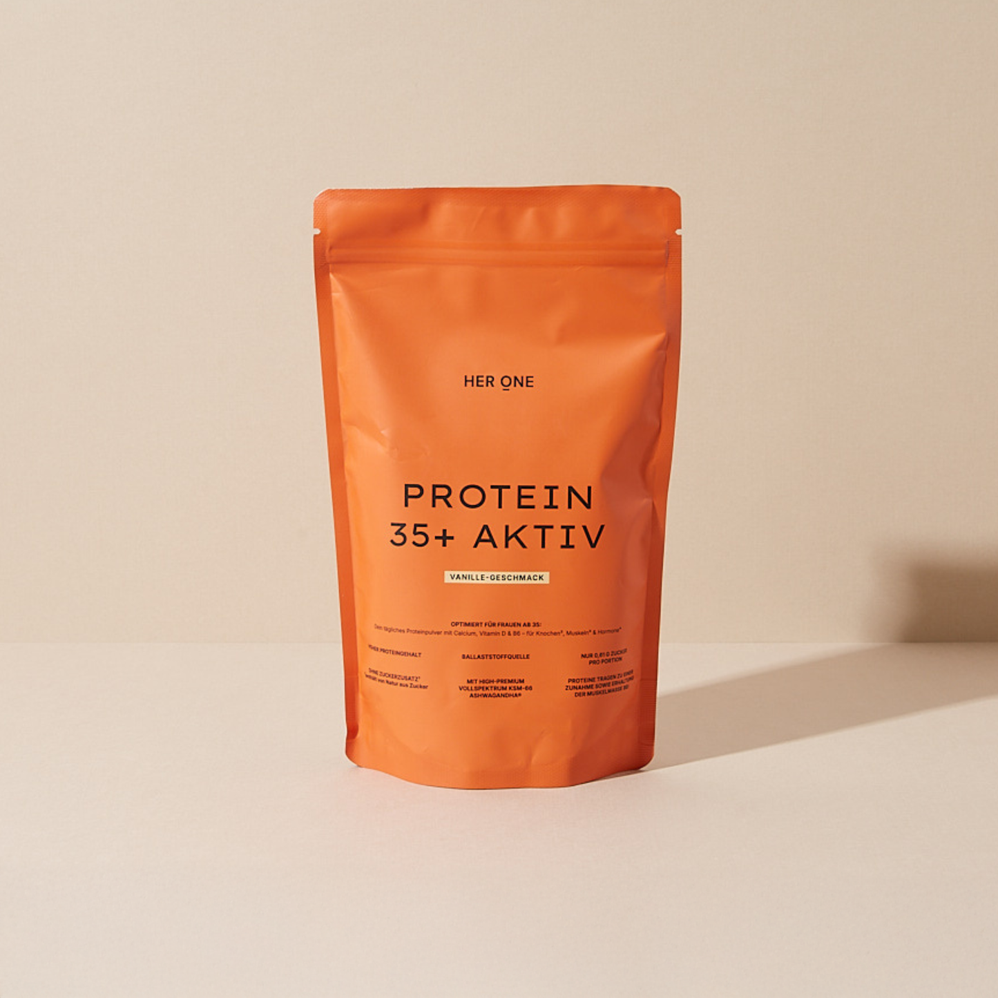 Her One PROTEIN 35+ AKTIV (vaniglia) per donne dai 35 anni in su, con calcio, vitamina D/B6 e ashwagandha.