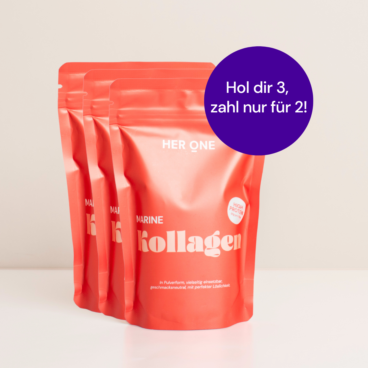 Tre confezioni rosse etichettate "HER ONE Marine Collagen"; testo circolare: "Ottieni 3, paghi solo 2!".