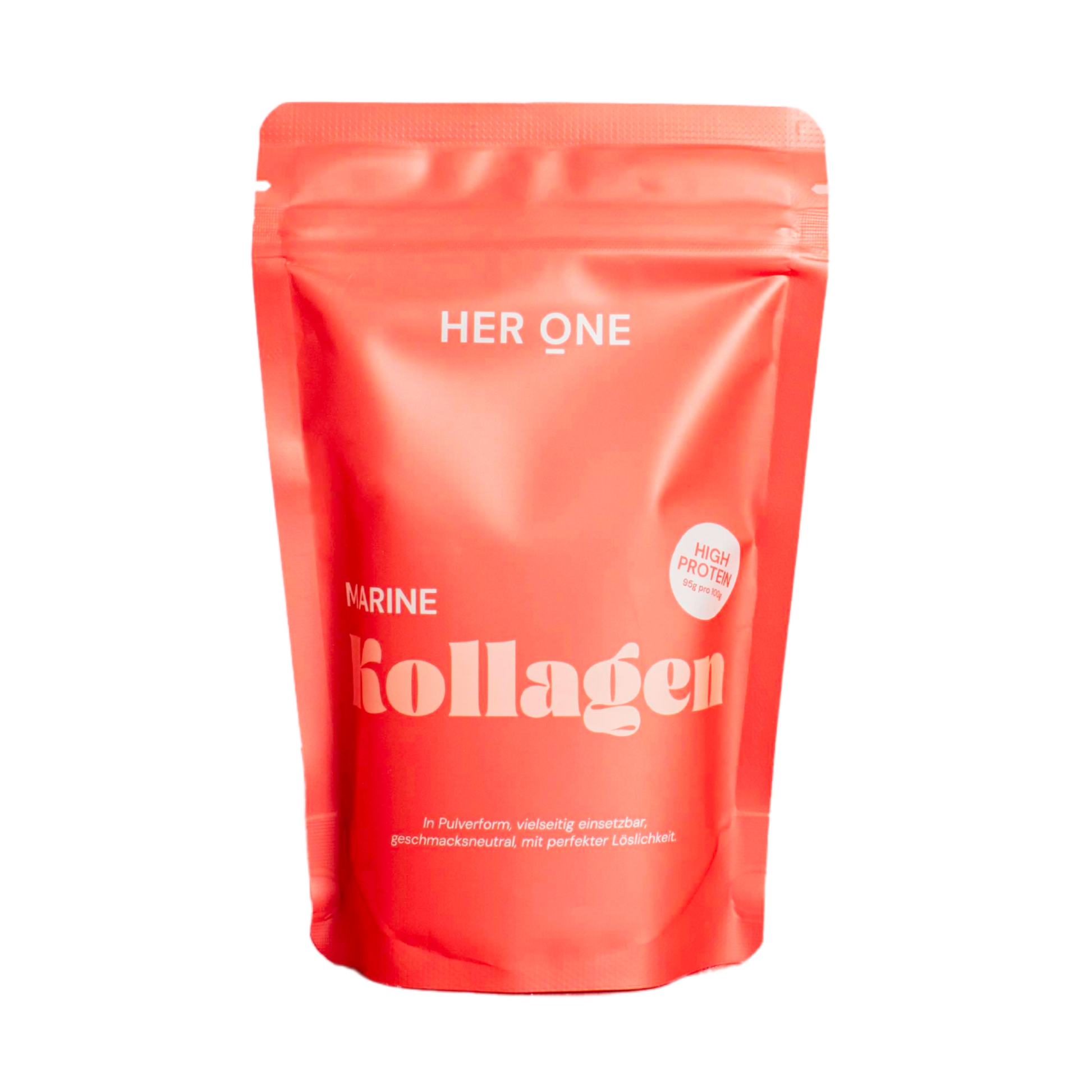 Sacchetto rosso con le scritte "Marine Collagen" e "High Protein" in bianco sul fronte.