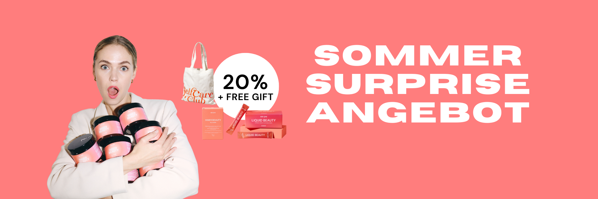 Donna con barattoli di Inner Beauty , accanto 20 % di sconto + omaggio e testo: Offerta estiva a sorpresa