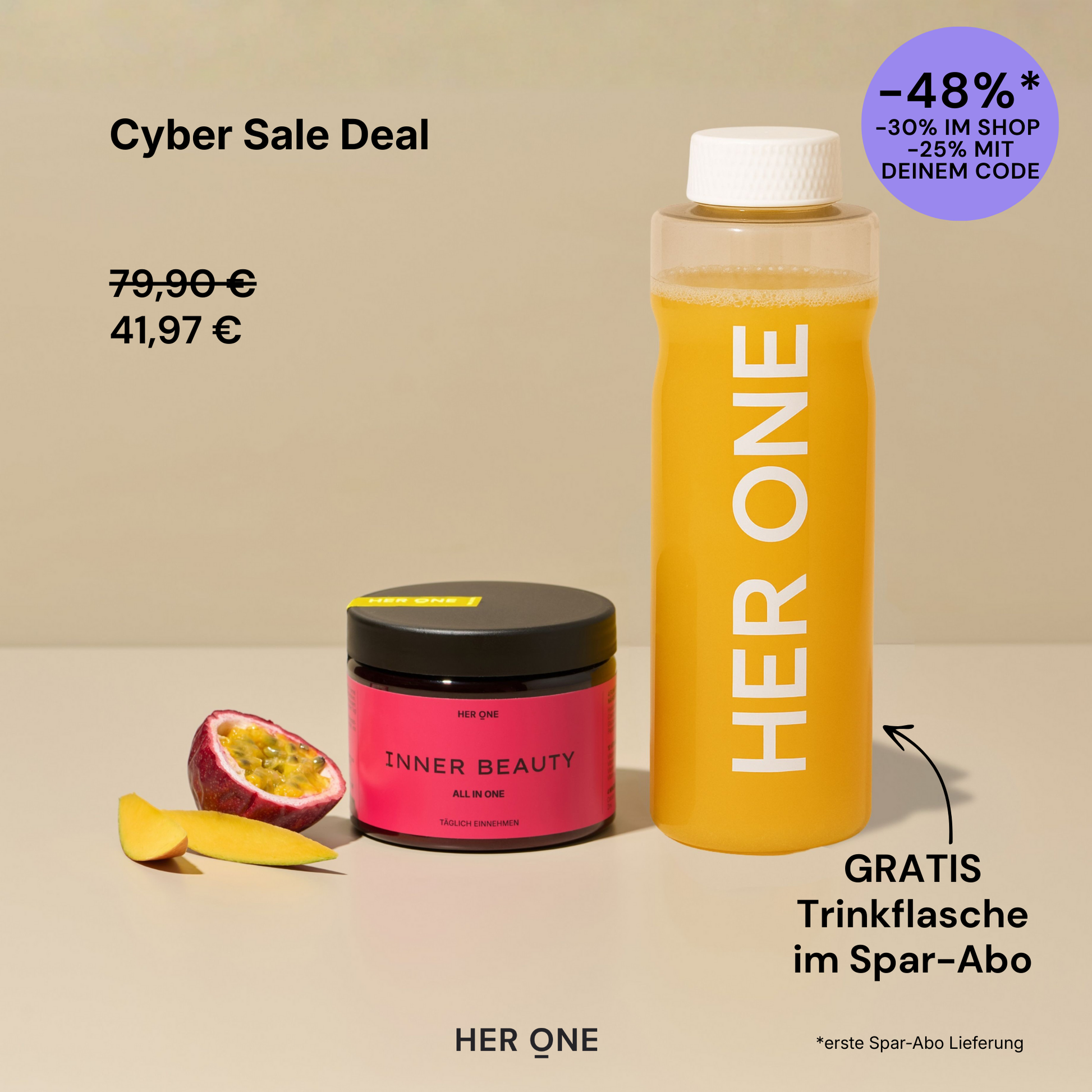 HER ONE INNER BEAUTY e bottiglia con frutta. Bottiglia in omaggio con l'abbonamento risparmio (48% di sconto con codice).