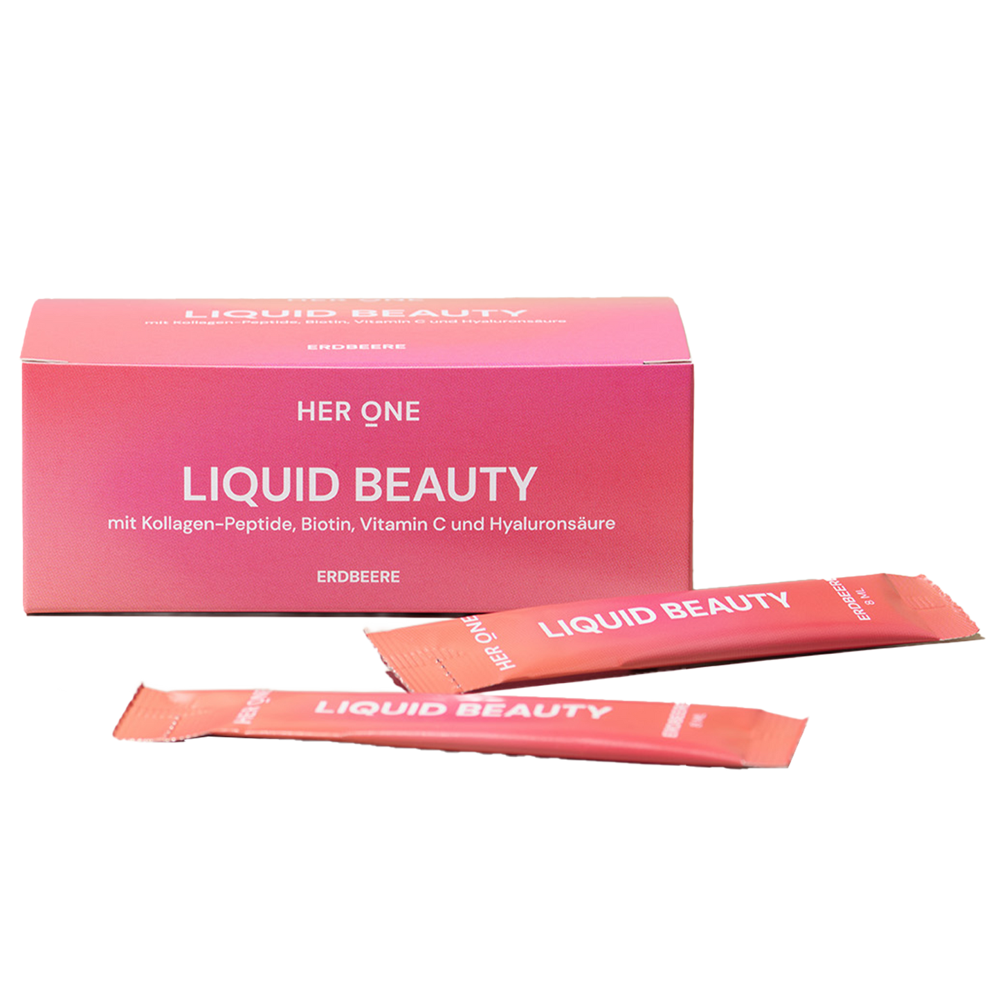 Cofanetto rosa con due stick liquidi di bellezza contenenti peptidi di collagene, biotina, vitamina C e acido ialuronico al gusto di fragola.