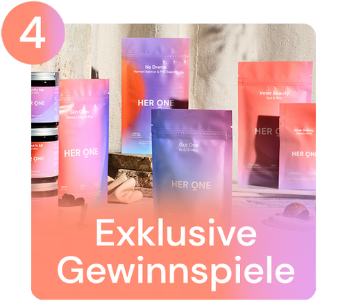 Verschillende HerOne-producten met het label "Exclusive Sweepstakes" in een roze en paars ontwerp.