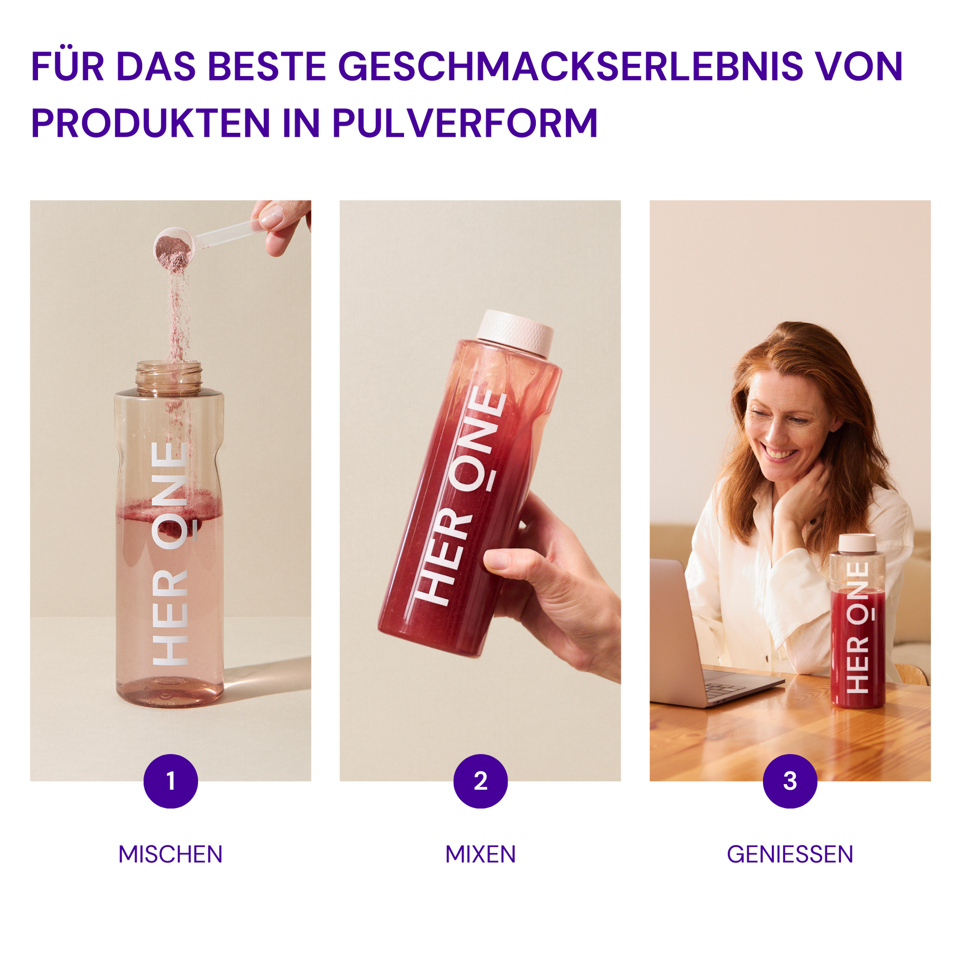 Bereiding in drie stappen: poeder mengen in een fles, schudden en de vrouw drinkt met een glimlach voor haar laptop.