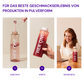 Bereiding in drie stappen: poeder mengen in een fles, schudden en de vrouw drinkt met een glimlach voor haar laptop.