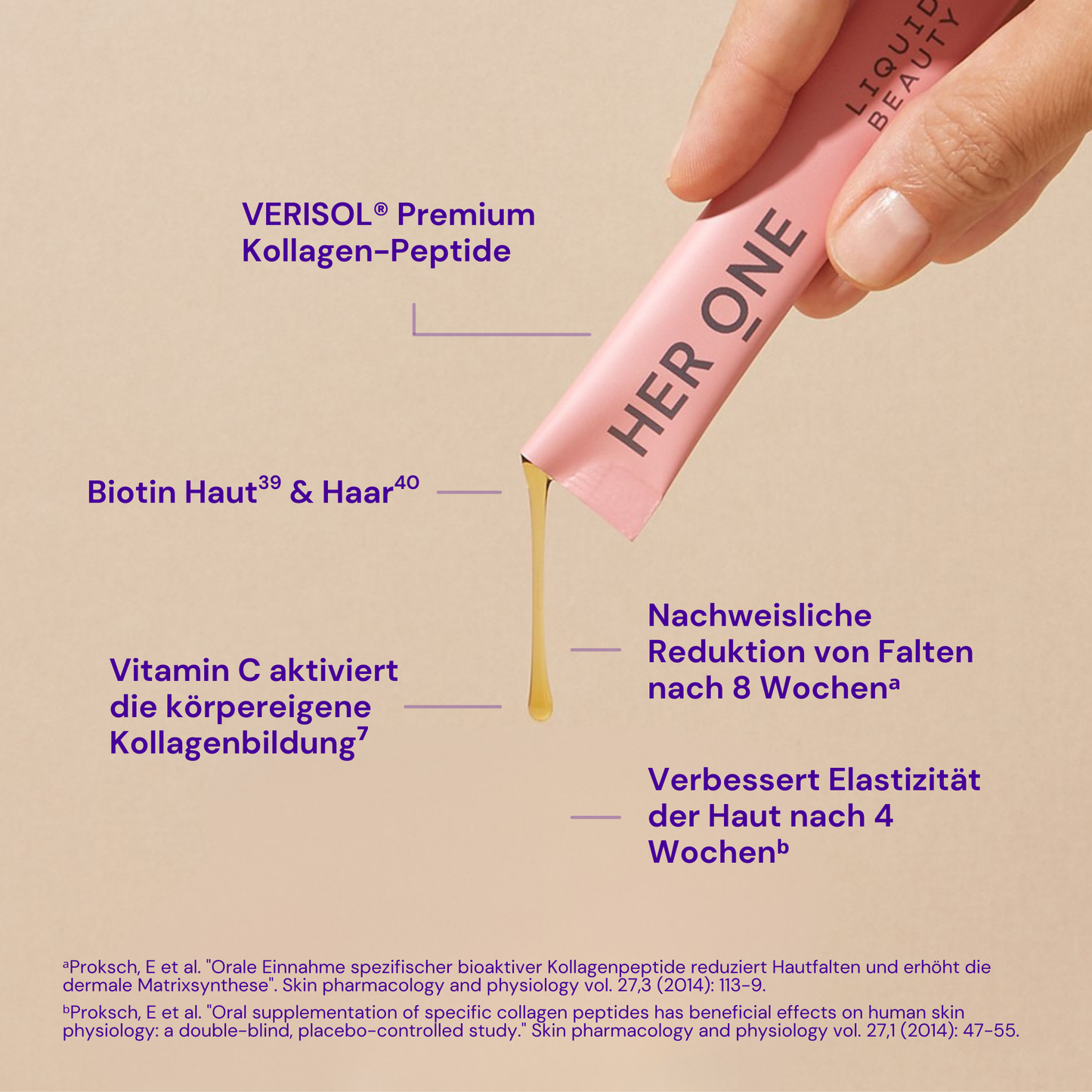 HER ONE Liquid Beauty Stick met de voordelen en ingrediënten op een beige achtergrond
