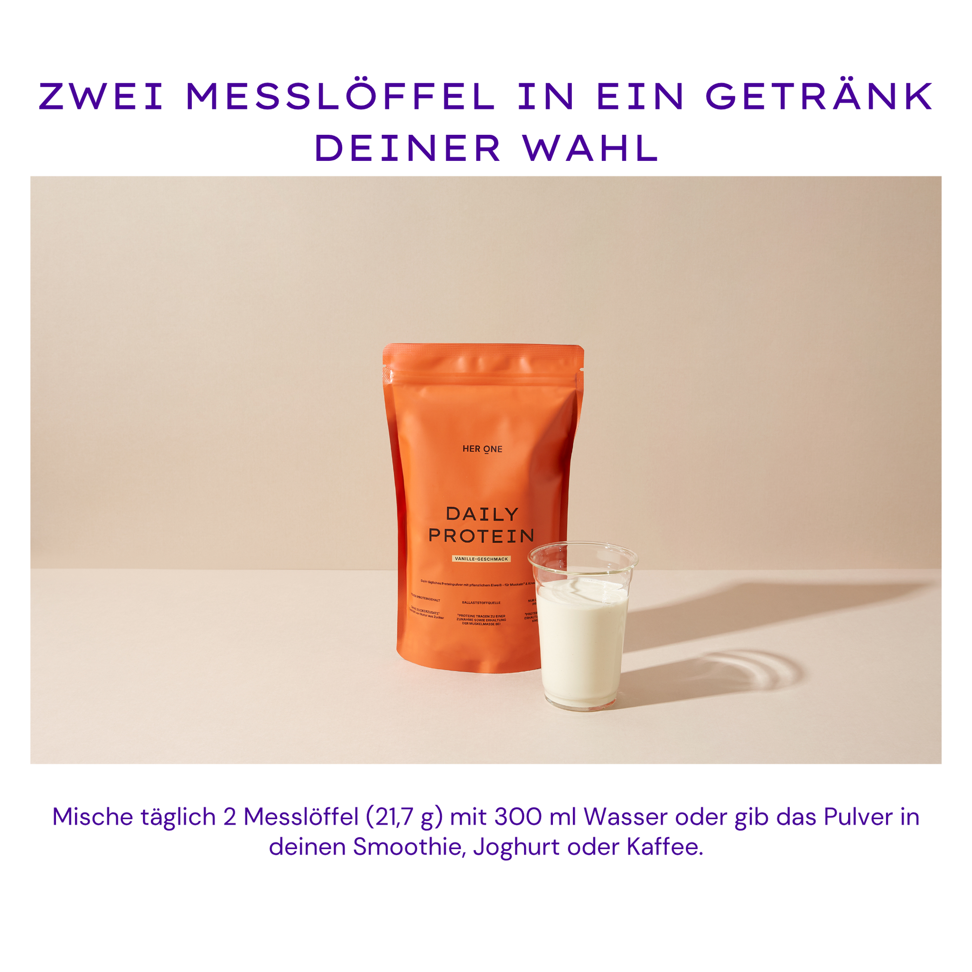 De afbeelding toont onze DAGELIJKSE PROTEïne en hoe je de drank inneemt